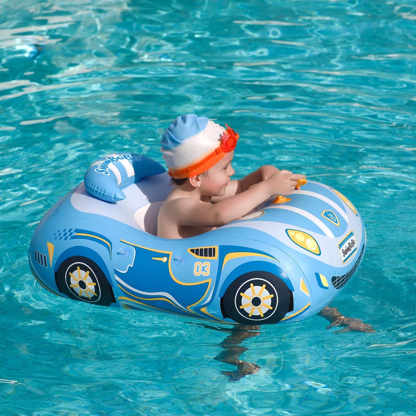 Swimbobo Toddler Pool Float – Car-Shaped Inflatable with Adjustable Sun Canopy for Kids 3+ (Blue)