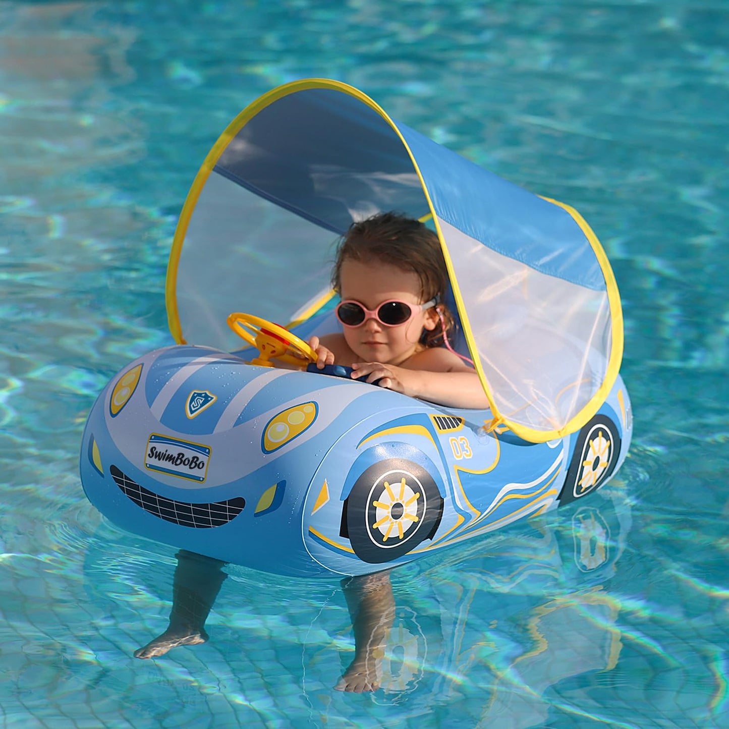 Swimbobo Toddler Pool Float – Car-Shaped Inflatable with Adjustable Sun Canopy for Kids 3+ (Blue)