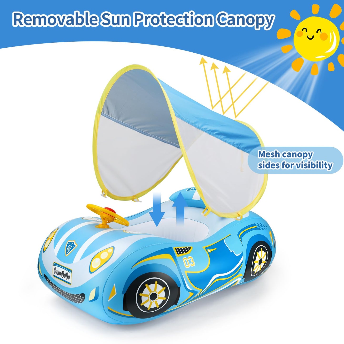 Swimbobo Toddler Pool Float – Car-Shaped Inflatable with Adjustable Sun Canopy for Kids 3+ (Blue)