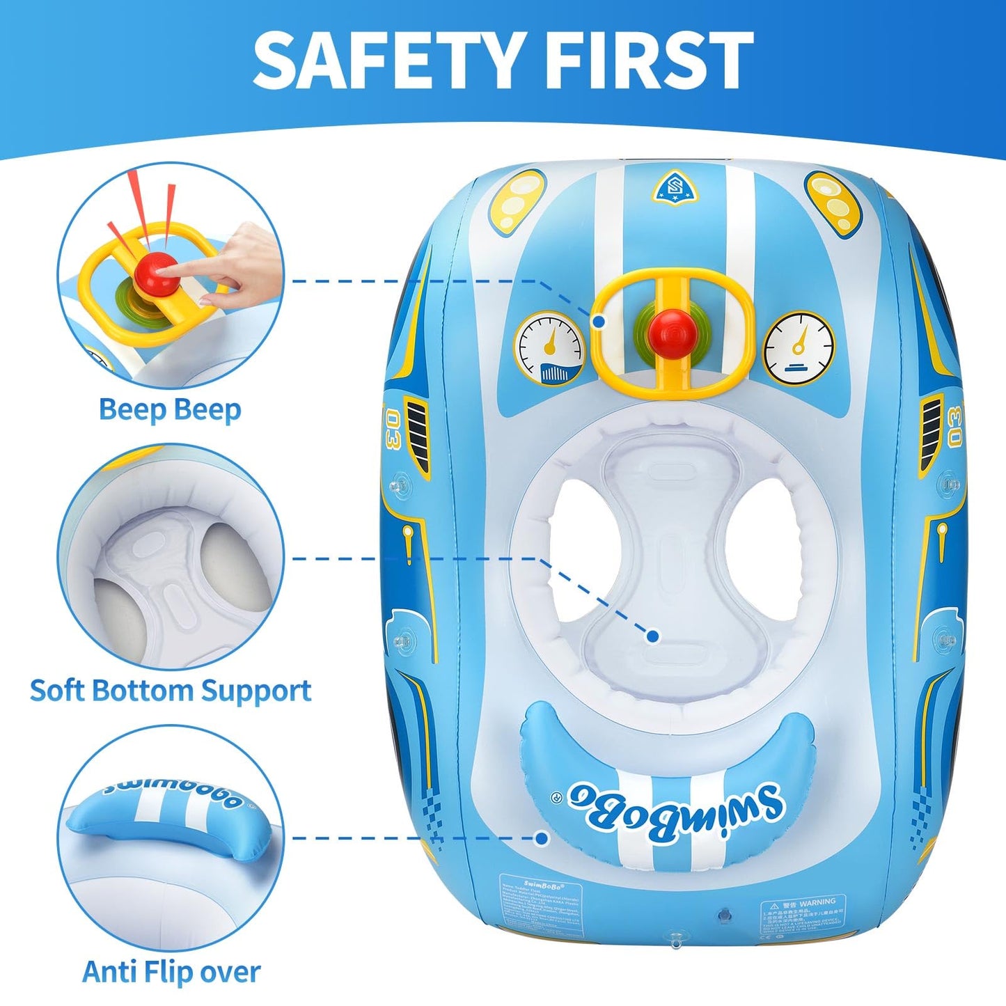 Swimbobo Toddler Pool Float – Car-Shaped Inflatable with Adjustable Sun Canopy for Kids 3+ (Blue)