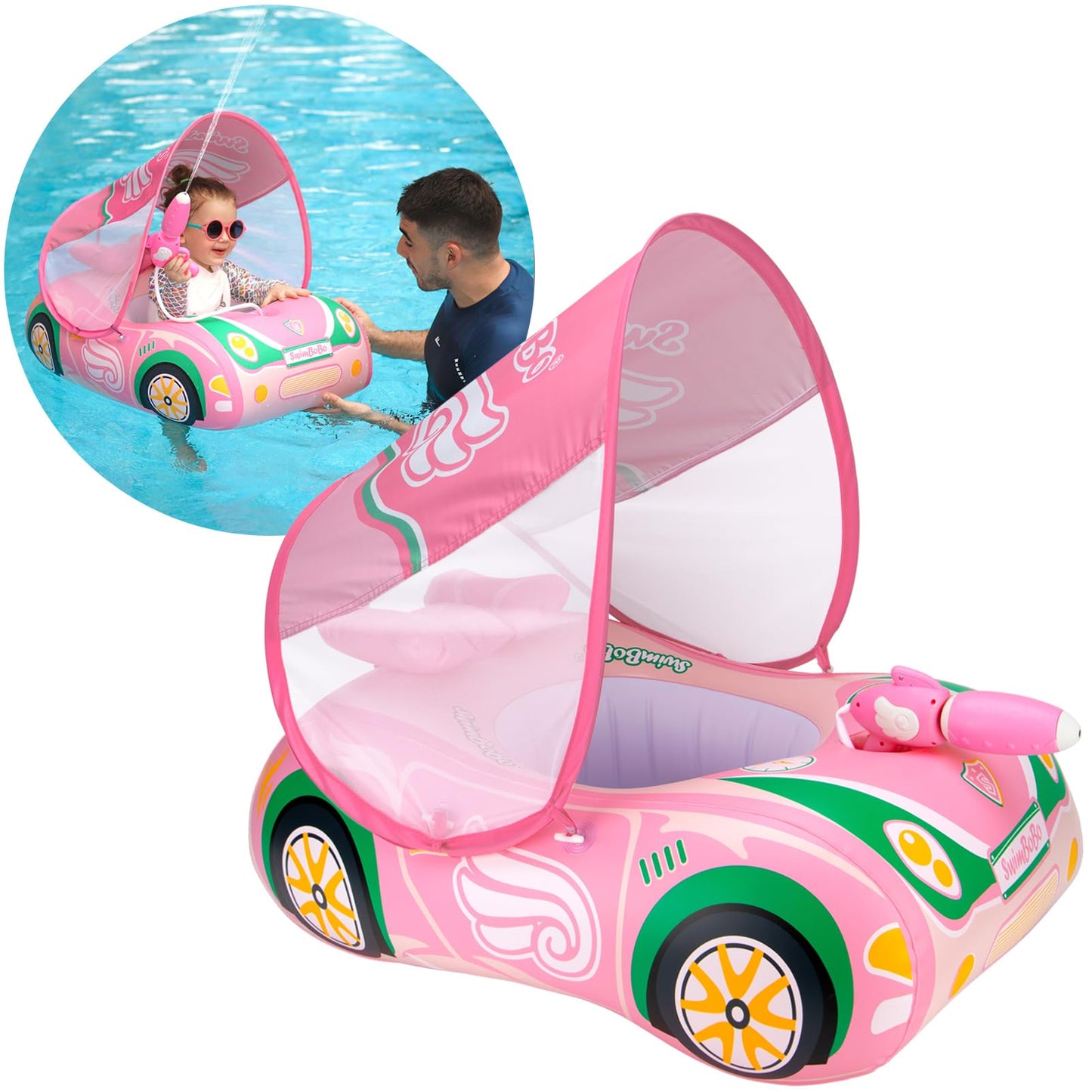 Swimbobo Toddler Pool Float Car with Adjustable Sun Canopy | Pink/Green, Safety Seat for 3+