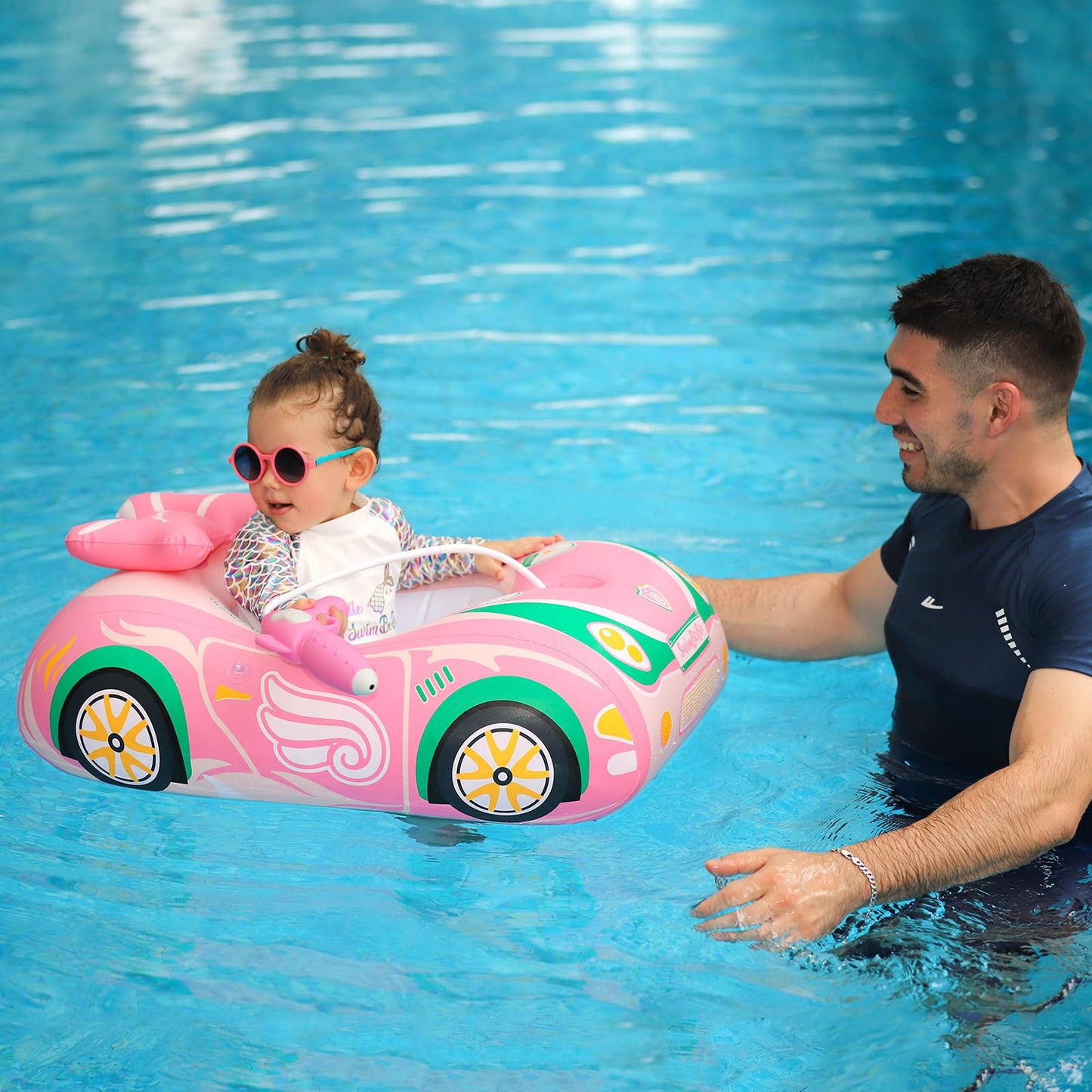 Swimbobo Toddler Pool Float Car with Adjustable Sun Canopy | Pink/Green, Safety Seat for 3+