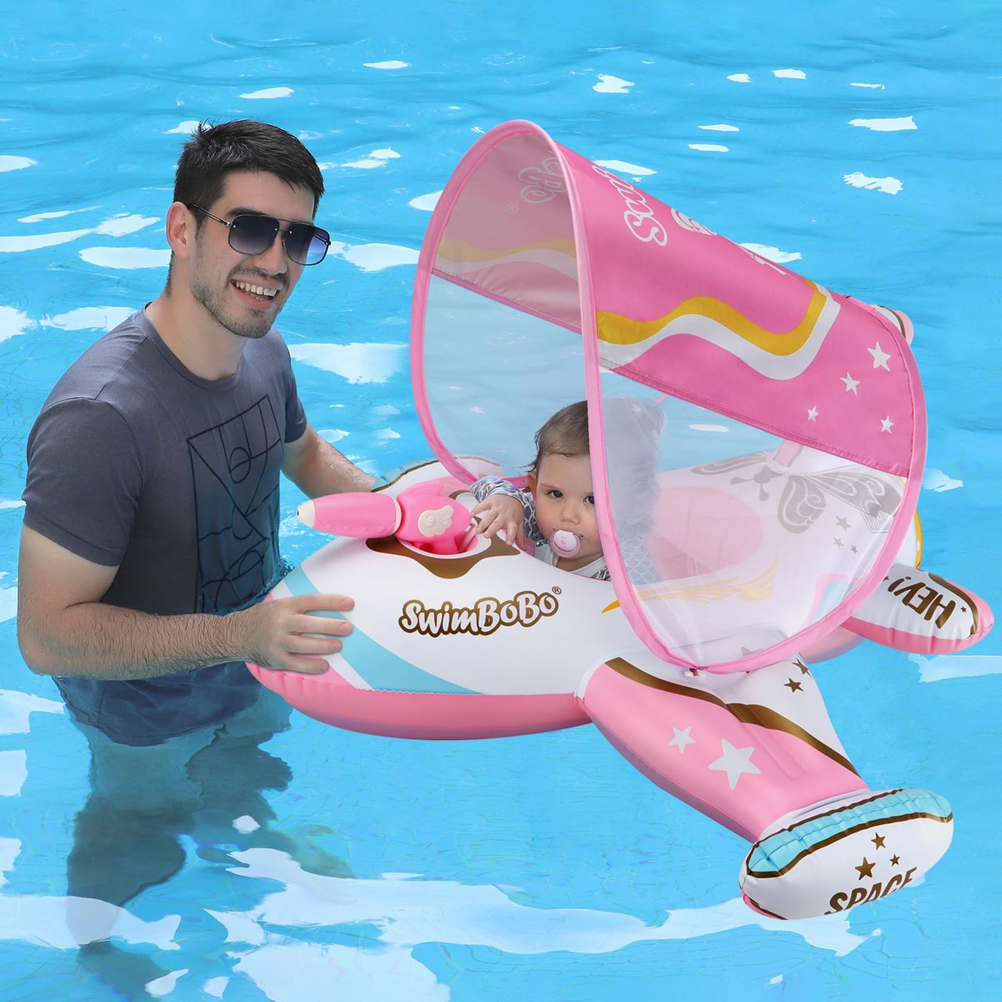 Swimbobo Toddler Pool Float – Pink Airplane with Adjustable Sun Canopy & Safety Seat (3+)