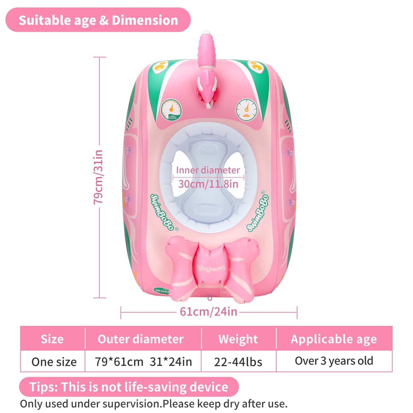 Swimbobo Toddler Pool Float Car with Adjustable Sun Canopy | Pink/Green, Safety Seat for 3+