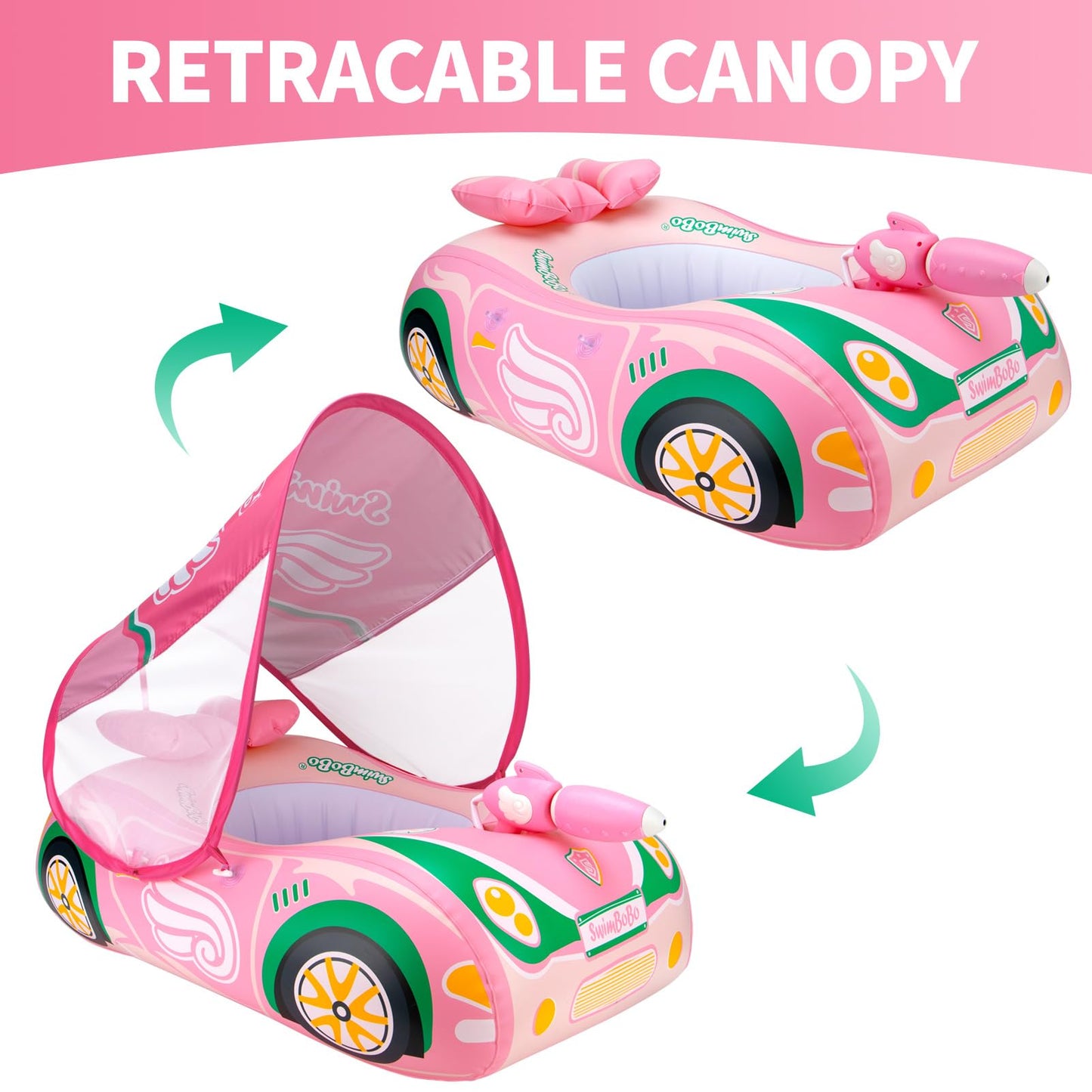 Swimbobo Toddler Pool Float Car with Adjustable Sun Canopy | Pink/Green, Safety Seat for 3+
