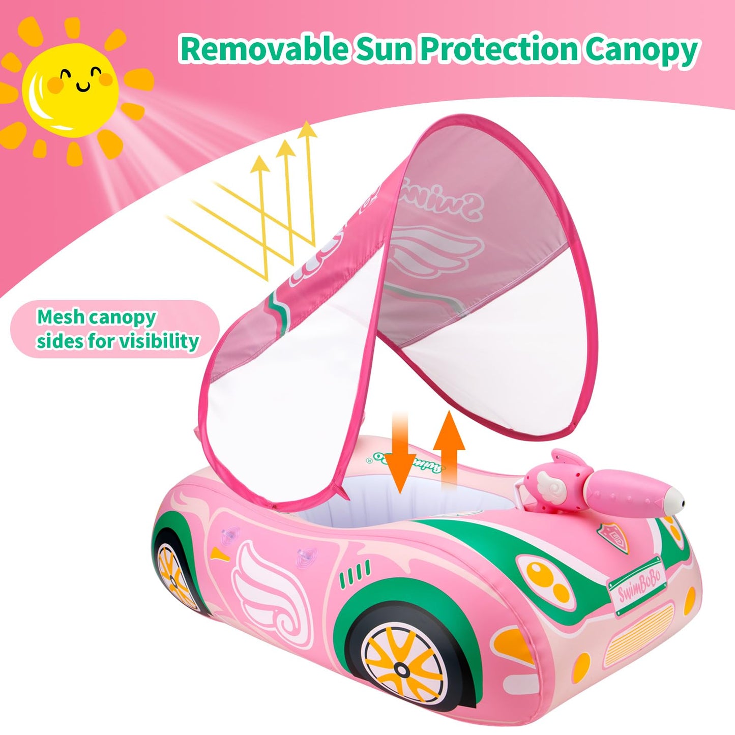 Swimbobo Toddler Pool Float Car with Adjustable Sun Canopy | Pink/Green, Safety Seat for 3+