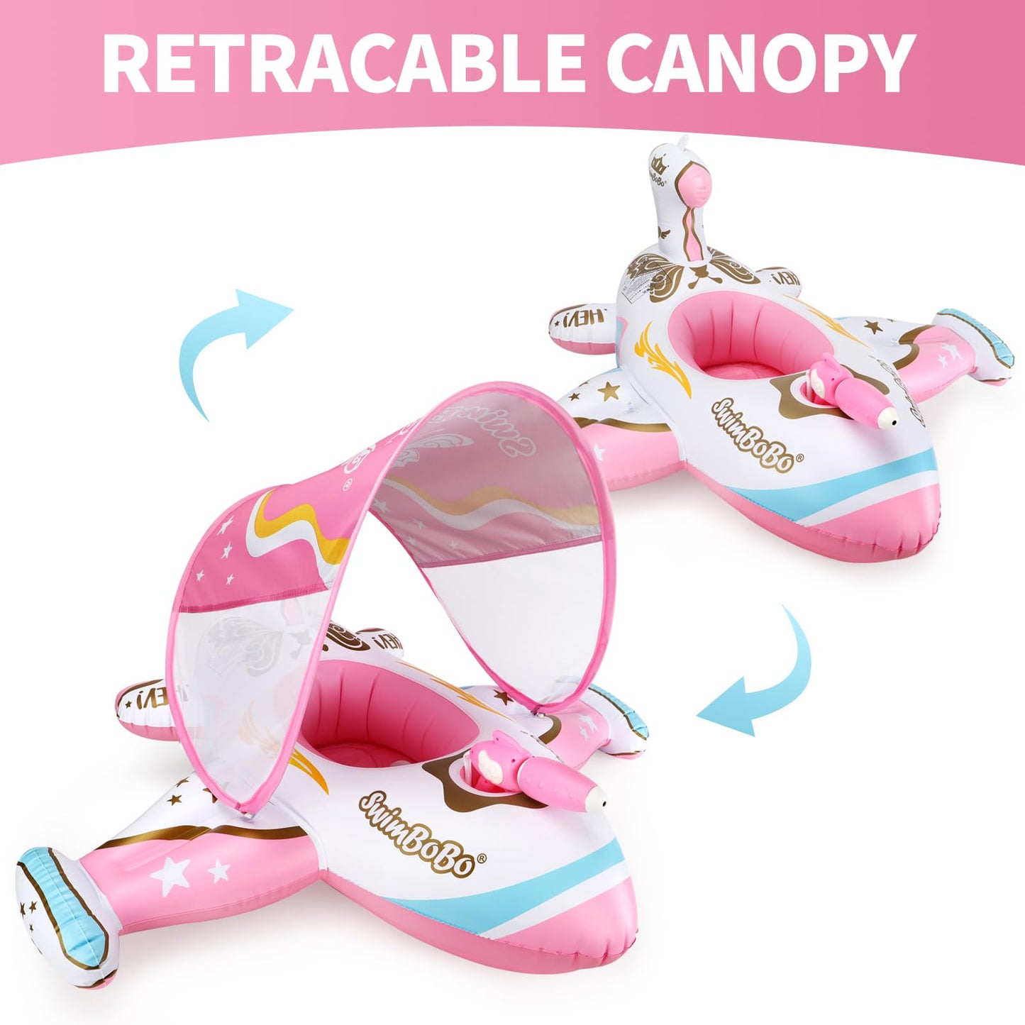 Swimbobo Toddler Pool Float – Pink Airplane with Adjustable Sun Canopy & Safety Seat (3+)