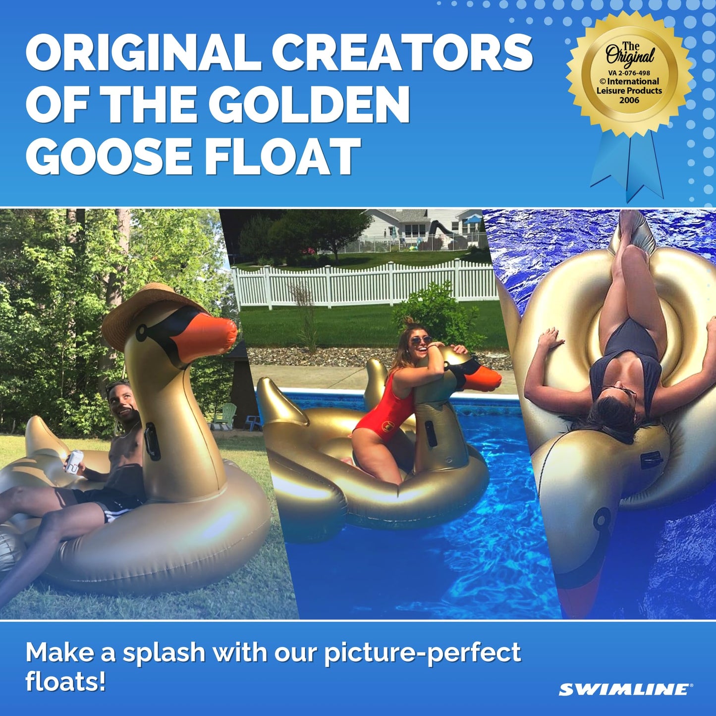 Swimline Original 90701 Inflatable Golden Goose Pool Float — Large Ride-On Lounge with Stable Wings