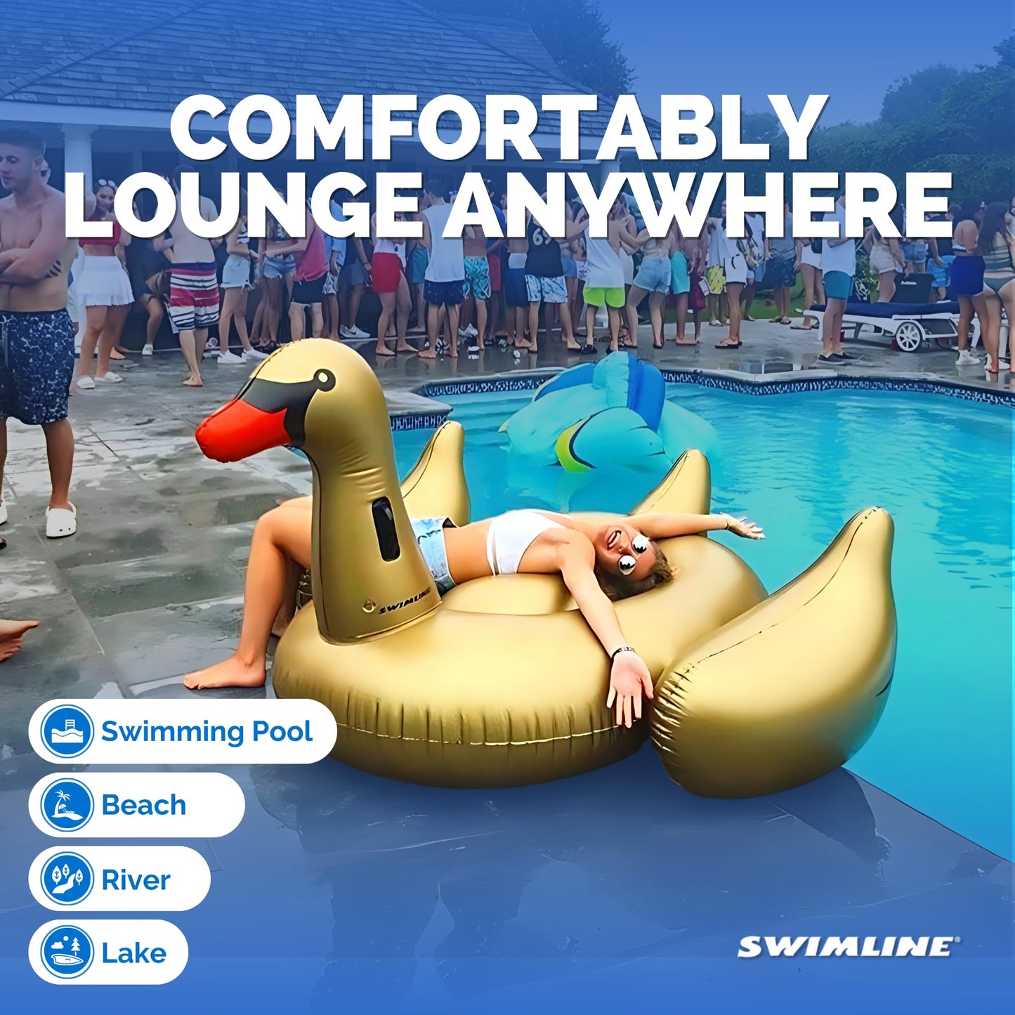 Swimline Original 90701 Inflatable Golden Goose Pool Float — Large Ride-On Lounge with Stable Wings