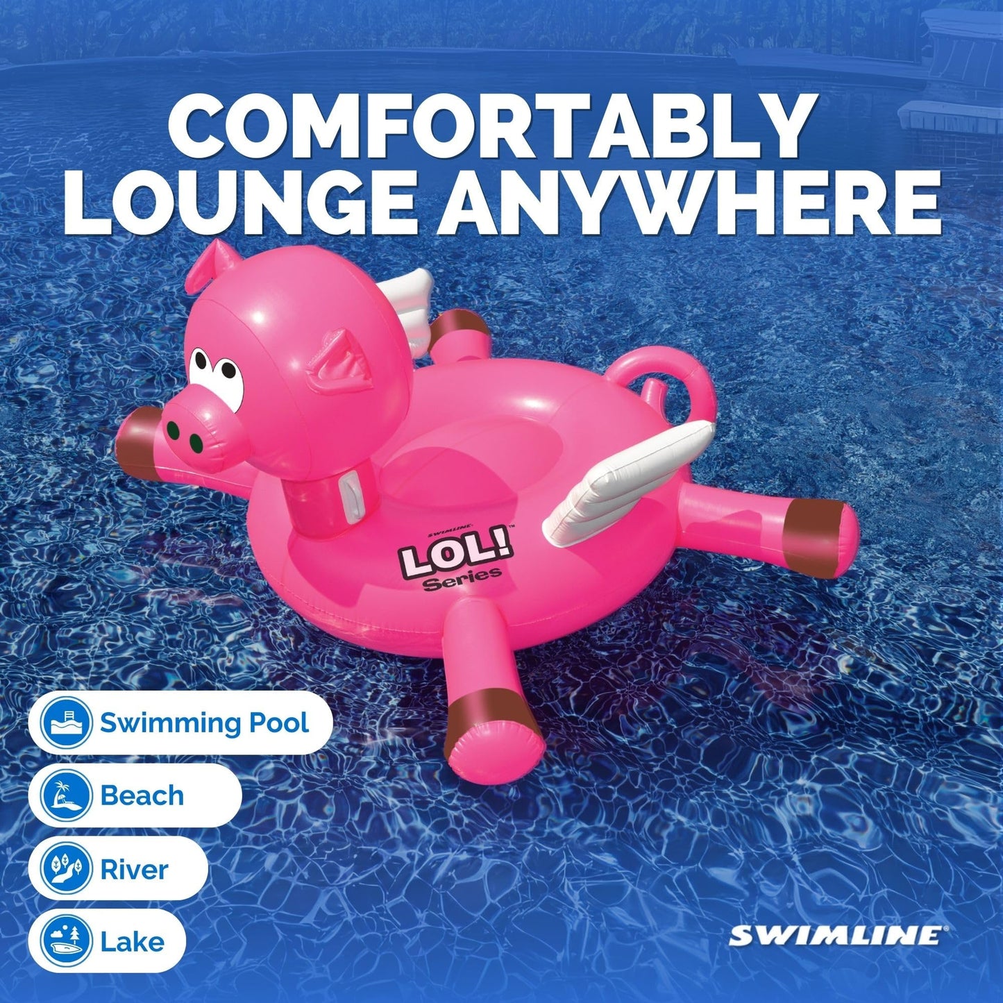 Swimline Original 90266 Giant LOL Pig Pool Float - Oversized Ride-On Lounger with Stable Legs & Wings