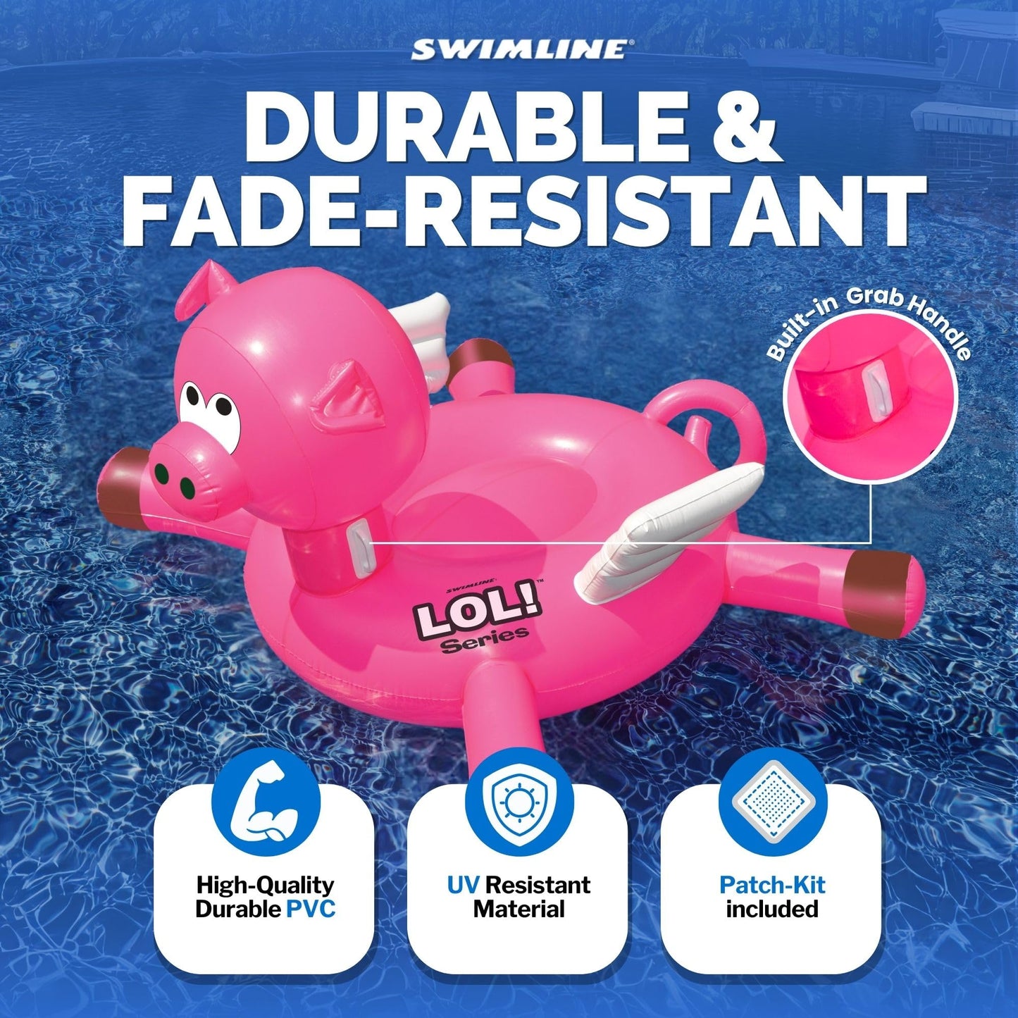 Swimline Original 90266 Giant LOL Pig Pool Float - Oversized Ride-On Lounger with Stable Legs & Wings