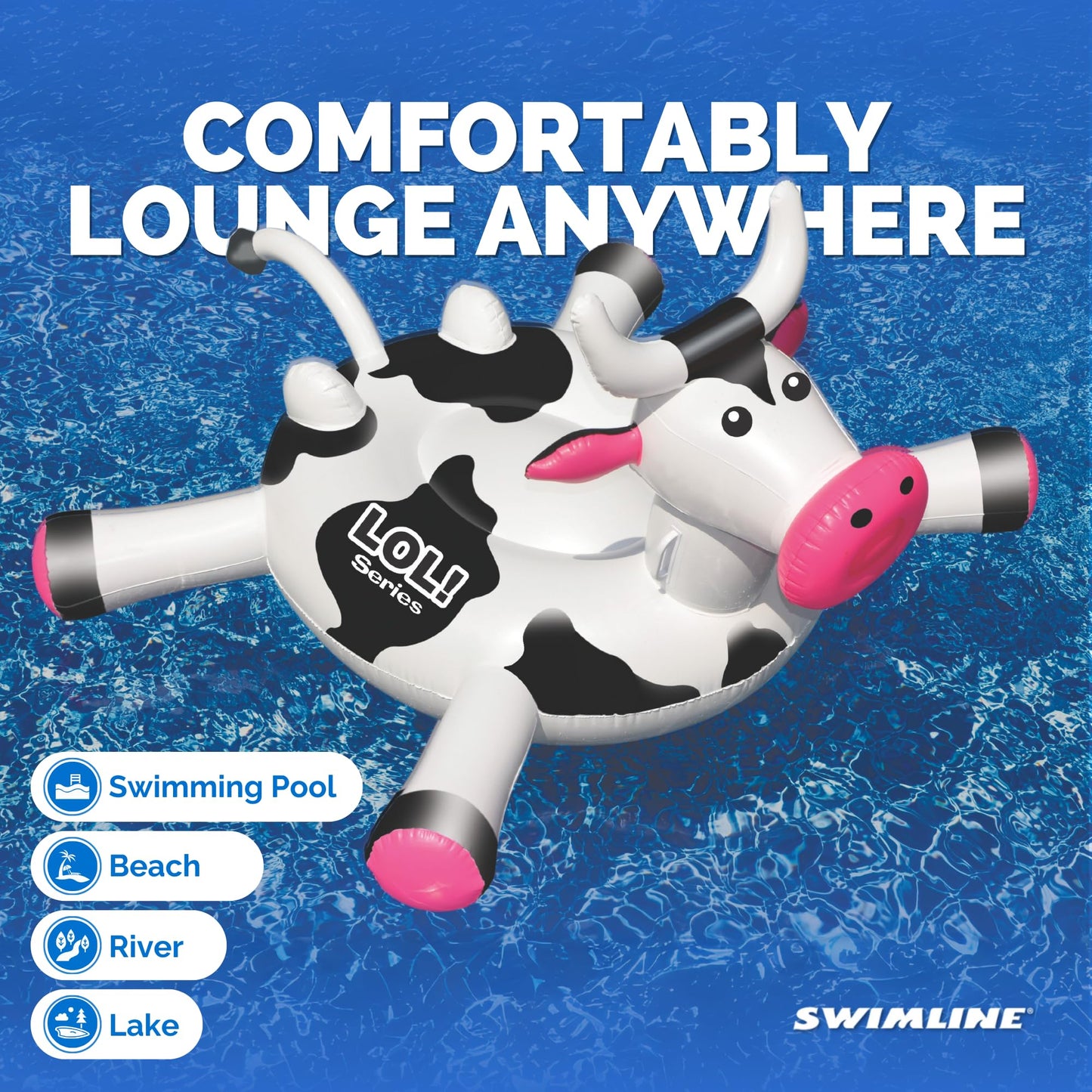 Swimline Original 90268 Giant Inflatable LOL Cow Pool Float – Ride-On Lounge with Stable Base