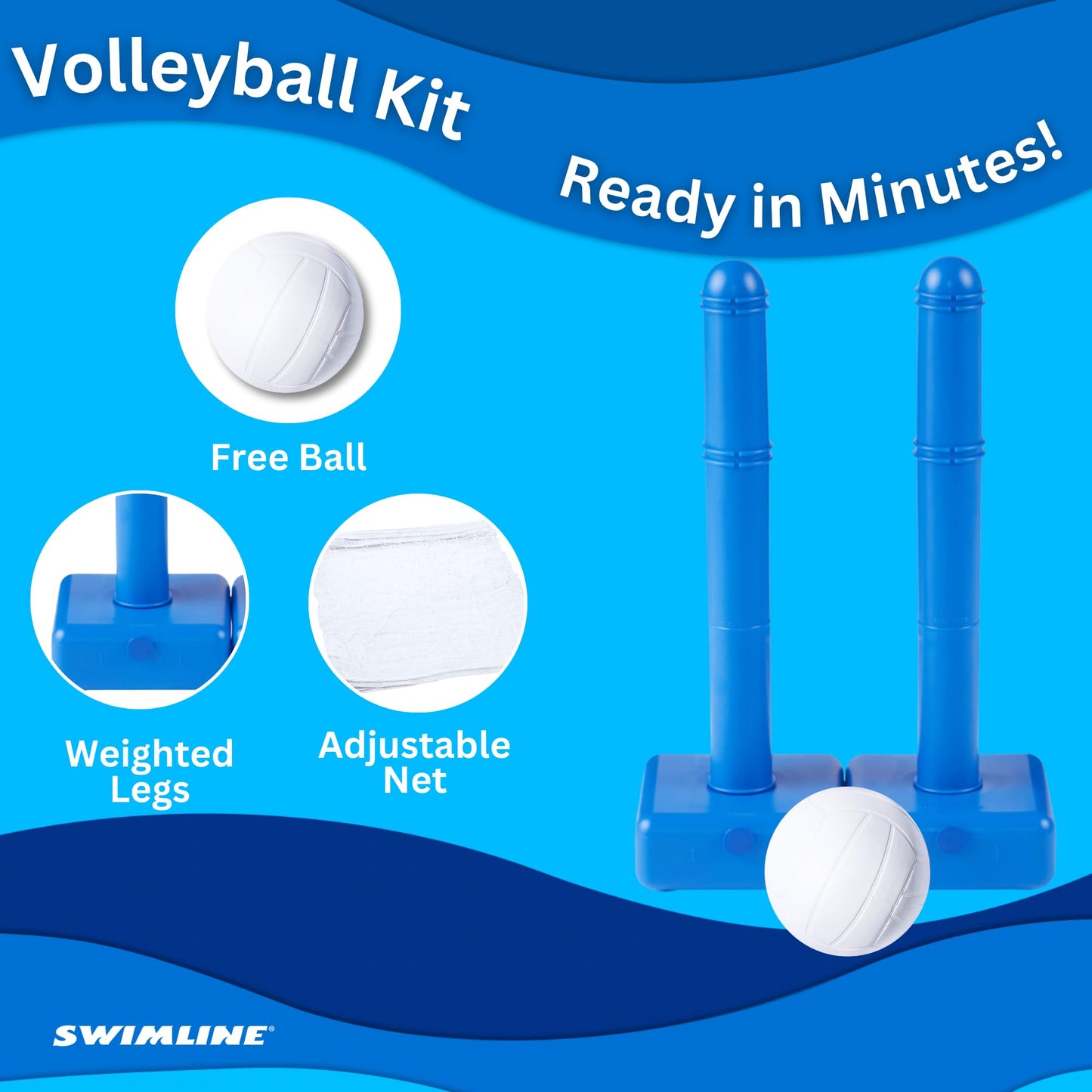 Swimline Original Pool Volleyball Net Game Set — Adjustable Up To 20 Ft, 2 Water-Fill Bases, Ball