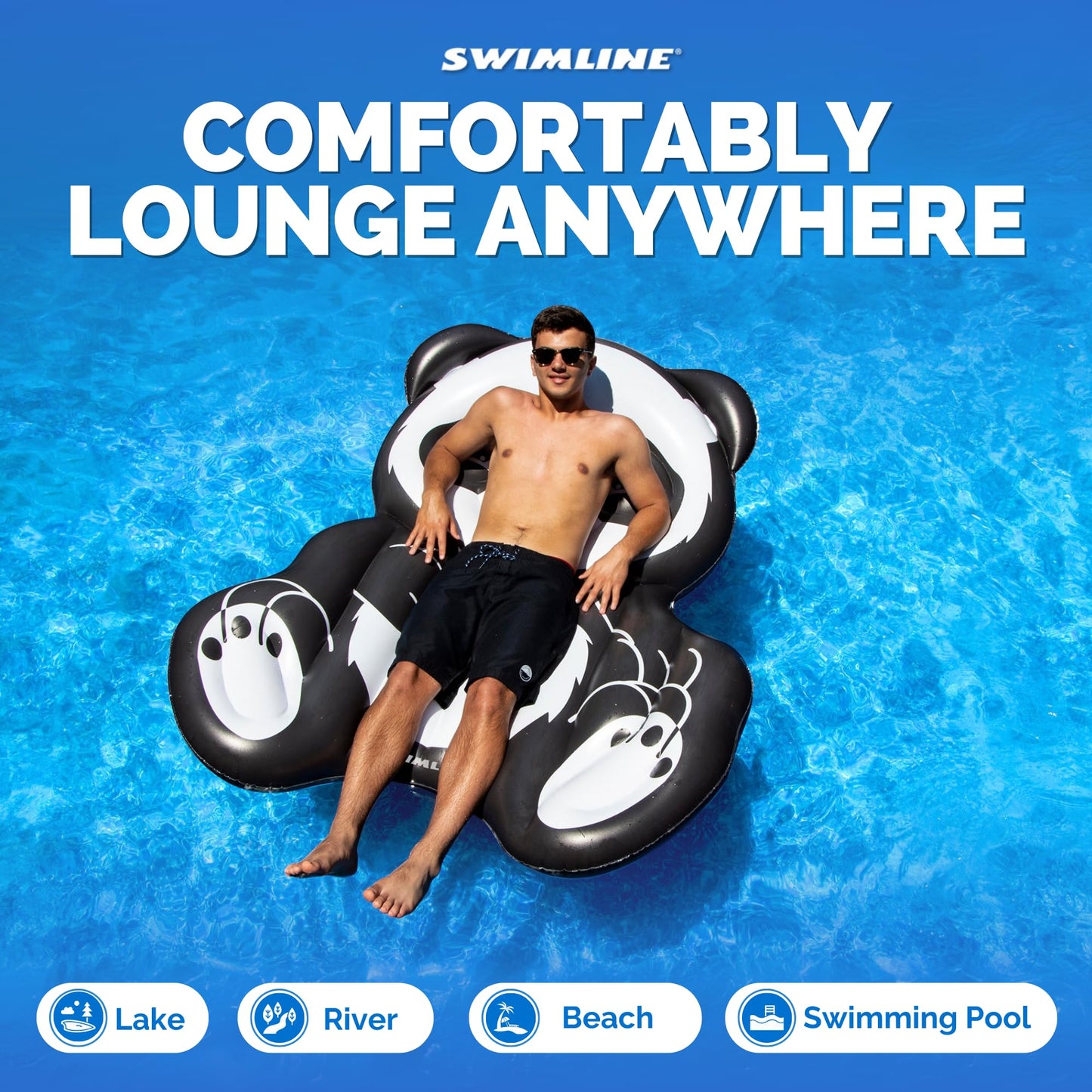 Swimline Inflatable Panda Pool Float – Black/White, 71 x 50 x 8 in