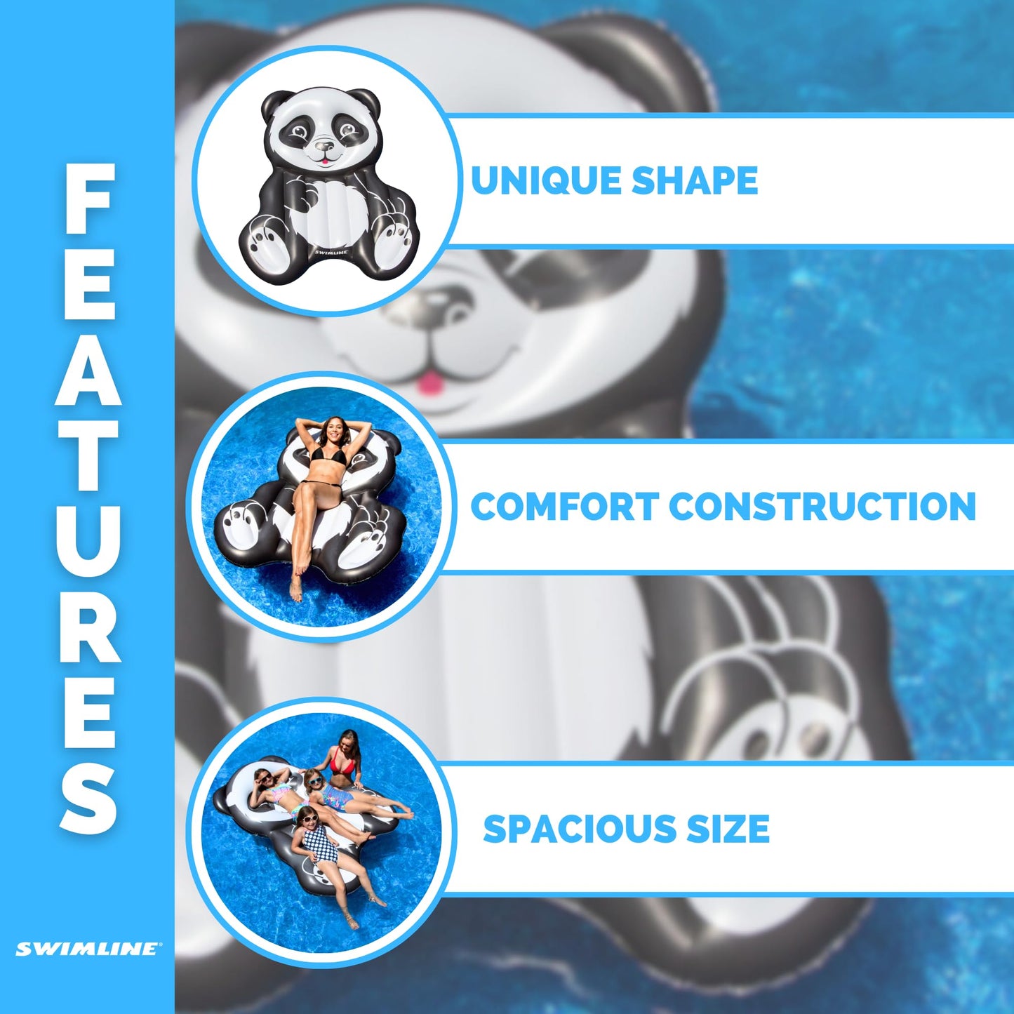 Swimline Inflatable Panda Pool Float – Black/White, 71 x 50 x 8 in