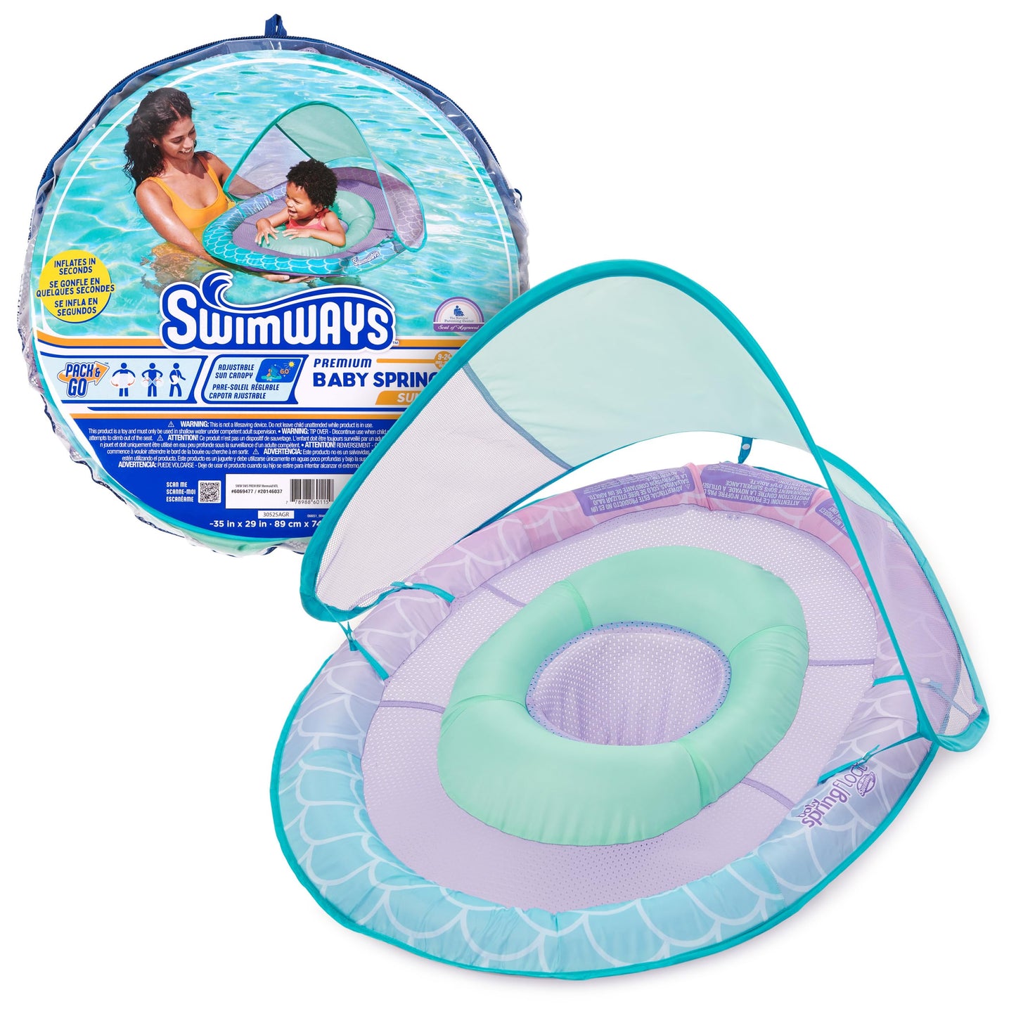 SwimWays Baby Spring Float Mermaid Canopy – 9-24 Months | UPF Protection | Hyper-Flate