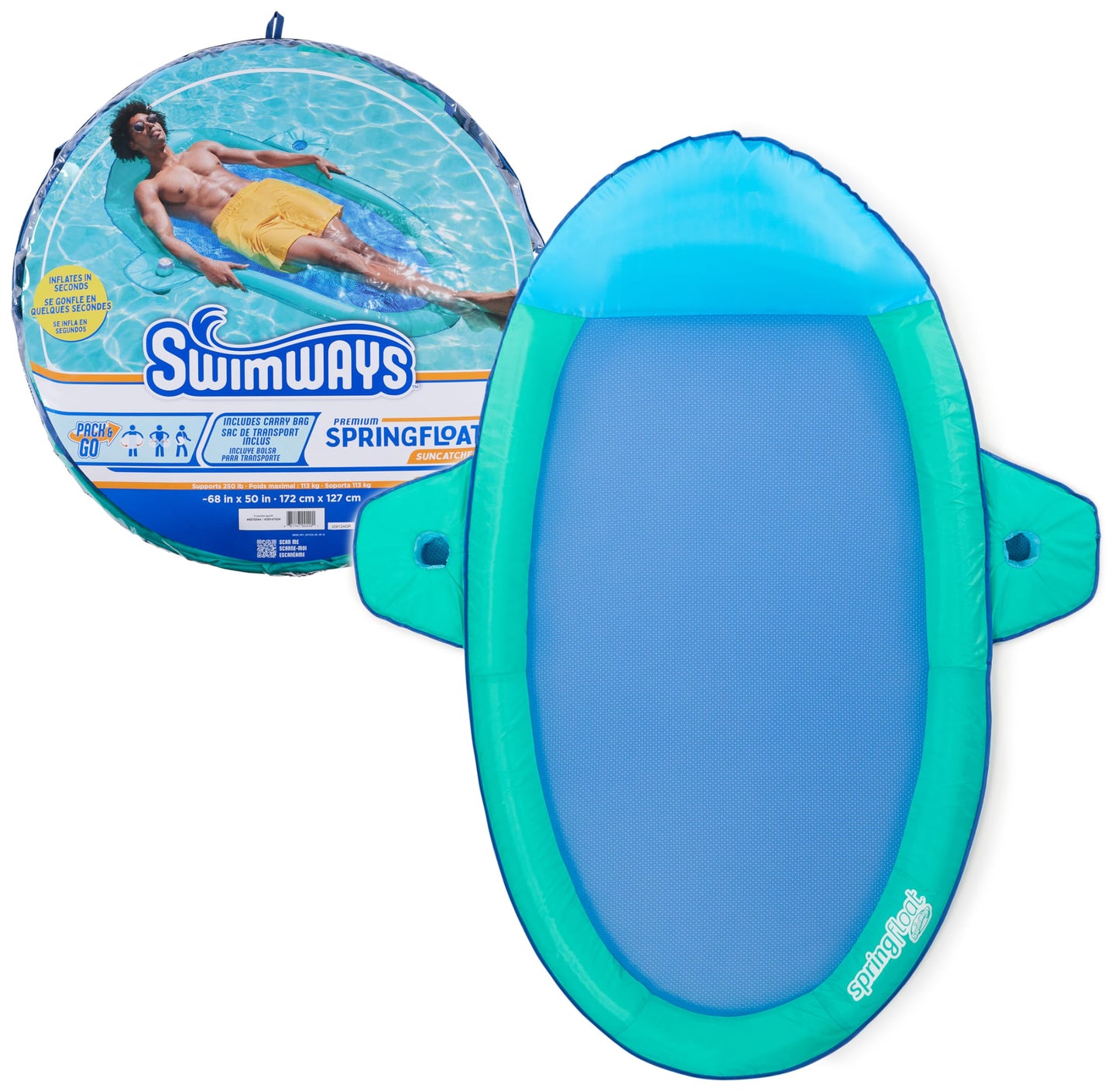 SwimWays Spring Float SunCatcher Pool Lounger – Aqua, Fast-Inflating Pool Float for Adults