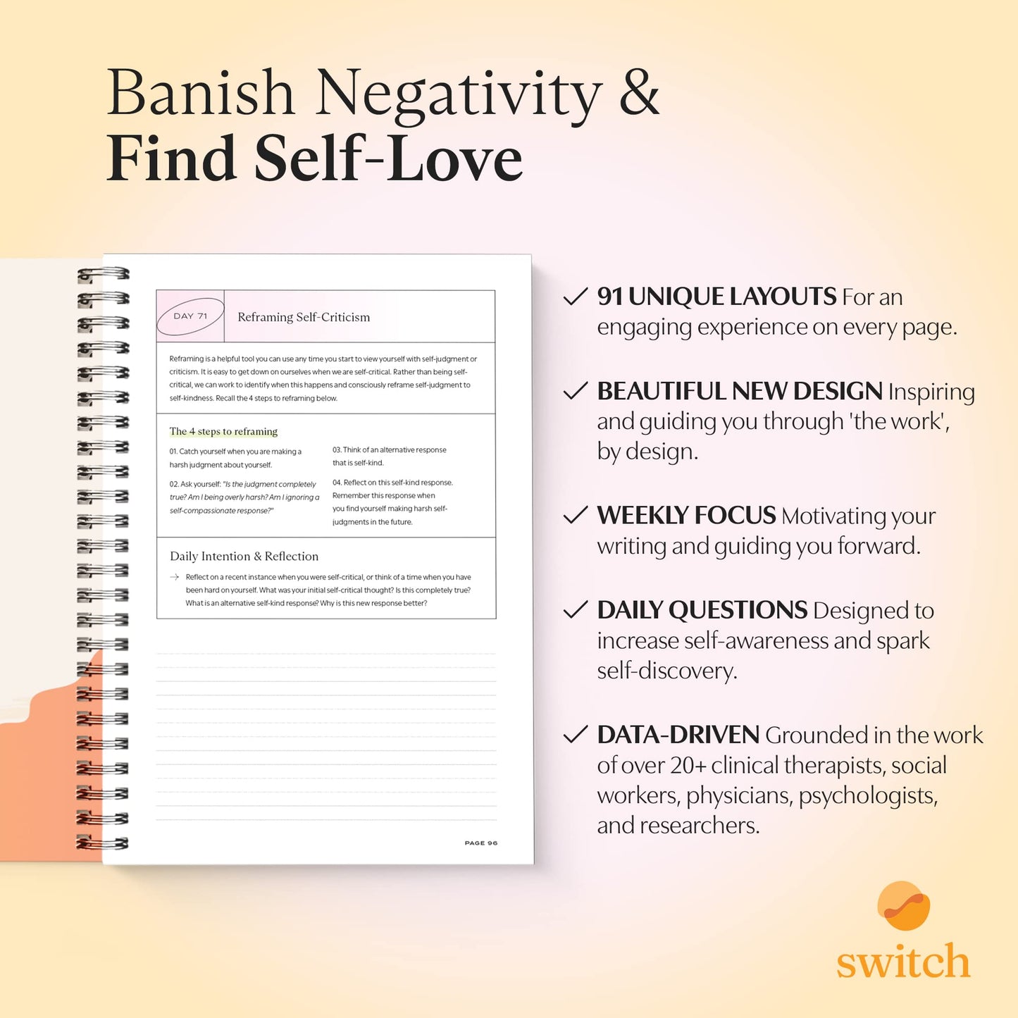 Switch Research Self-Love Journal – Mindfulness & Gratitude Journal for Women | Guided 91-Day Self-Care Notebook