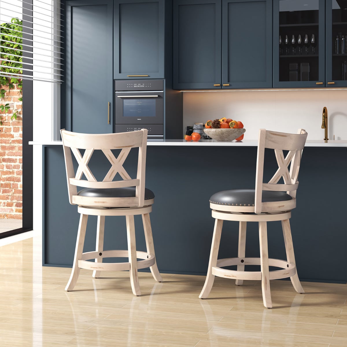 Swivel 64cm Hand-Antiqued Stool Set of 4 with Wider Padded Seat