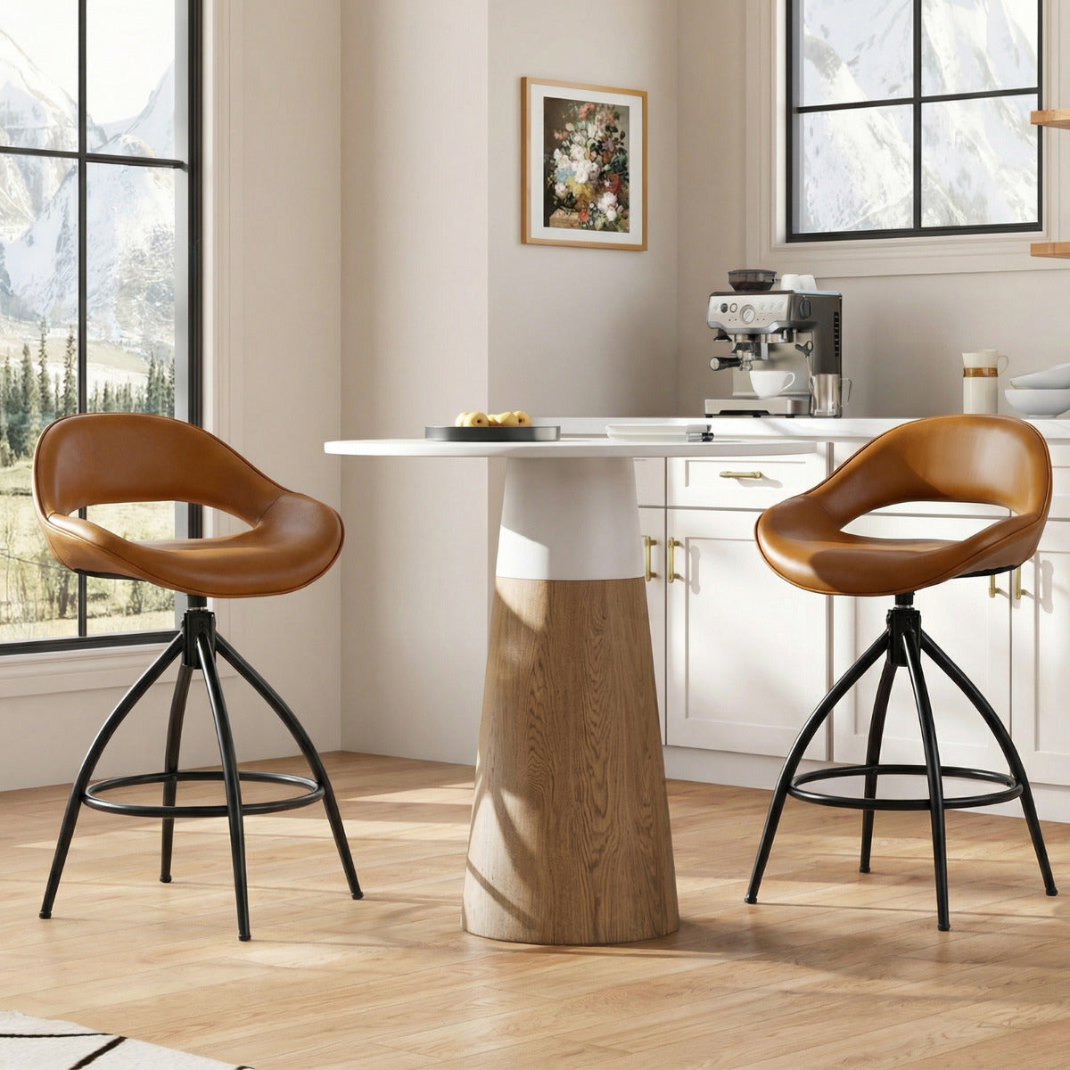 Swivel Bar Stools Set of 2 Counter Height Barstools with Backrest and Footrest-Brown
