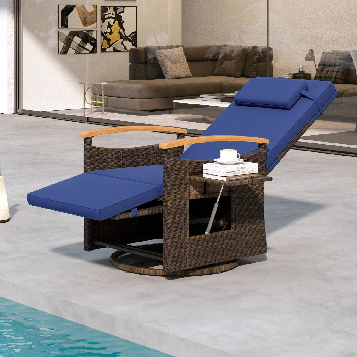 Outdoor 360° Swivel Rattan Recliner Chair with Adjustable Backrest and Footrest-Brown