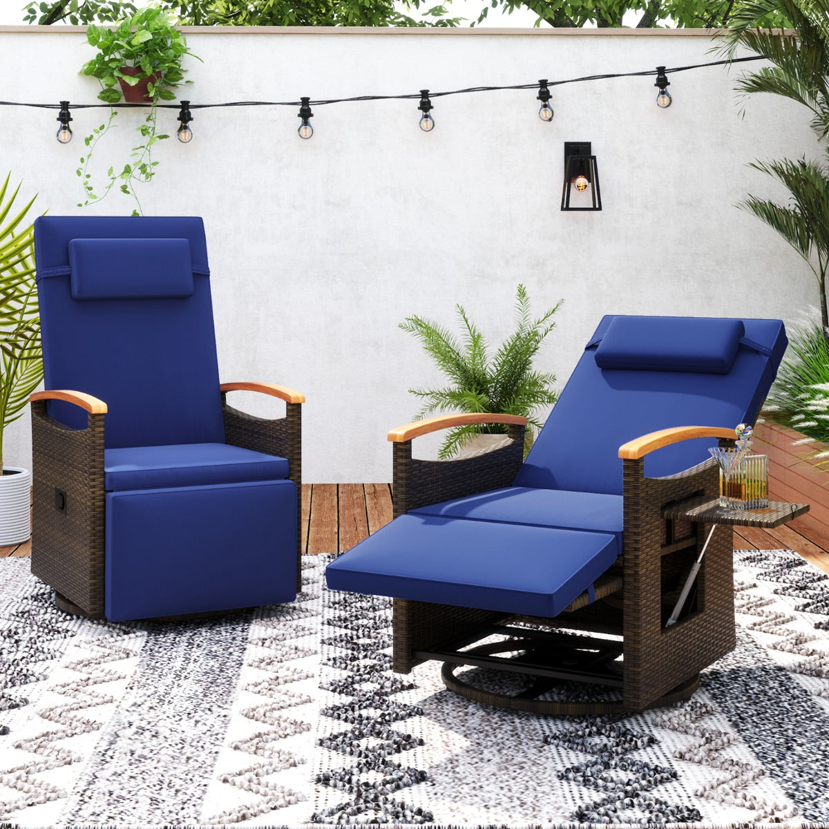 Outdoor 360° Swivel Rattan Recliner Chair with Adjustable Backrest and Footrest-Brown