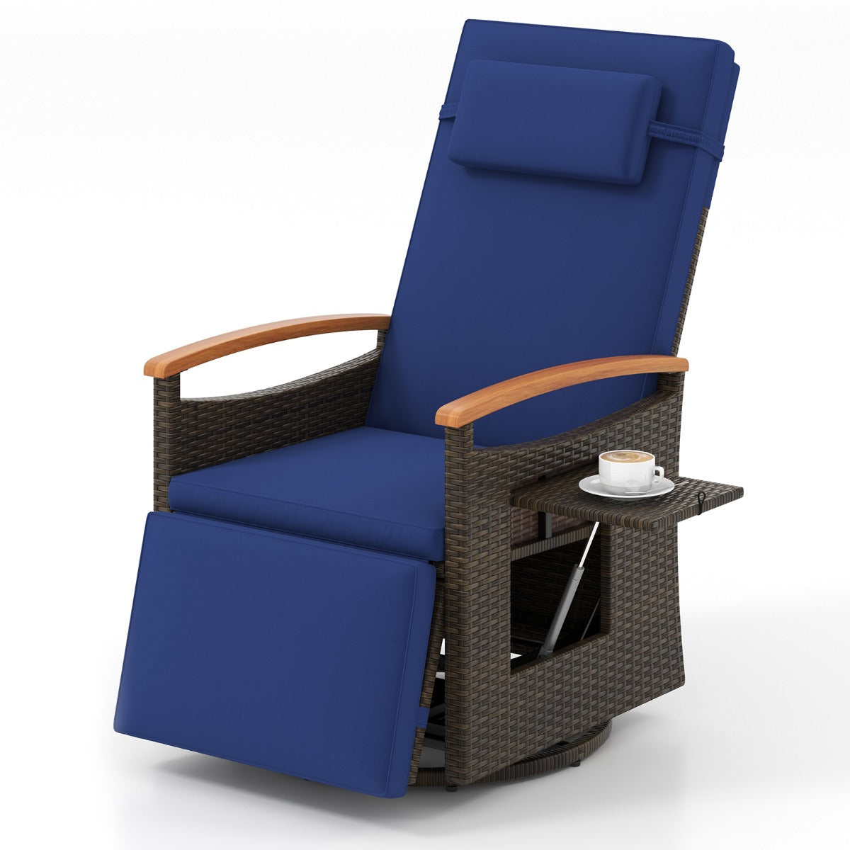 Outdoor 360° Swivel Rattan Recliner Chair with Adjustable Backrest and Footrest-Brown
