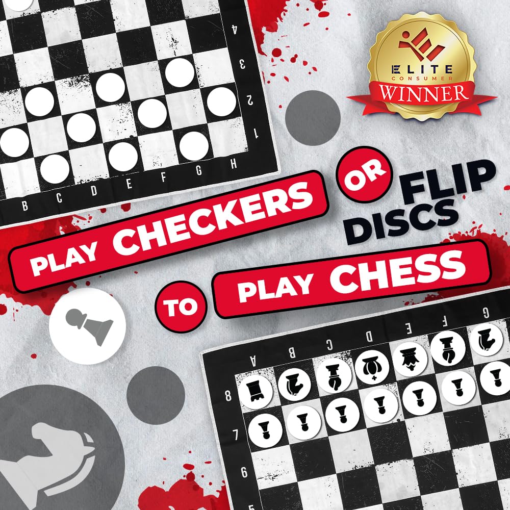 SWOOC Games: 3-in-1 Giant Chess, Checkers & Chess Tac Toe on 4x4 ft Mat – Machine-Washable Canvas & 5-Inch Foam Discs