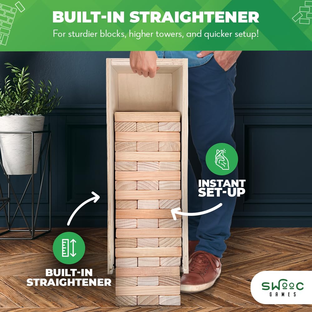 SWOOC Games Giant Tower Game with 3-in-1 Box Straightener, Table & Storage | Quick Setup 2–4ft to 6ft+ Outdoor