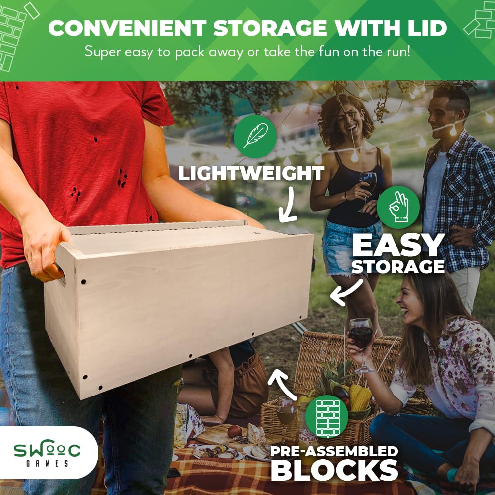 SWOOC Games Giant Tower Game with 3-in-1 Box Straightener, Table & Storage | Quick Setup 2–4ft to 6ft+ Outdoor