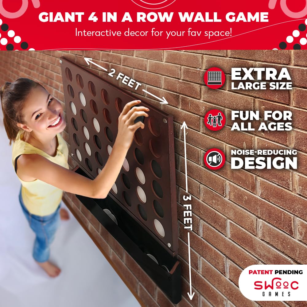 SWOOC Games Wall Mounted Giant 4 in a Row – 60% Quieter, Jumbo Size, Sustainable NZ Poplar