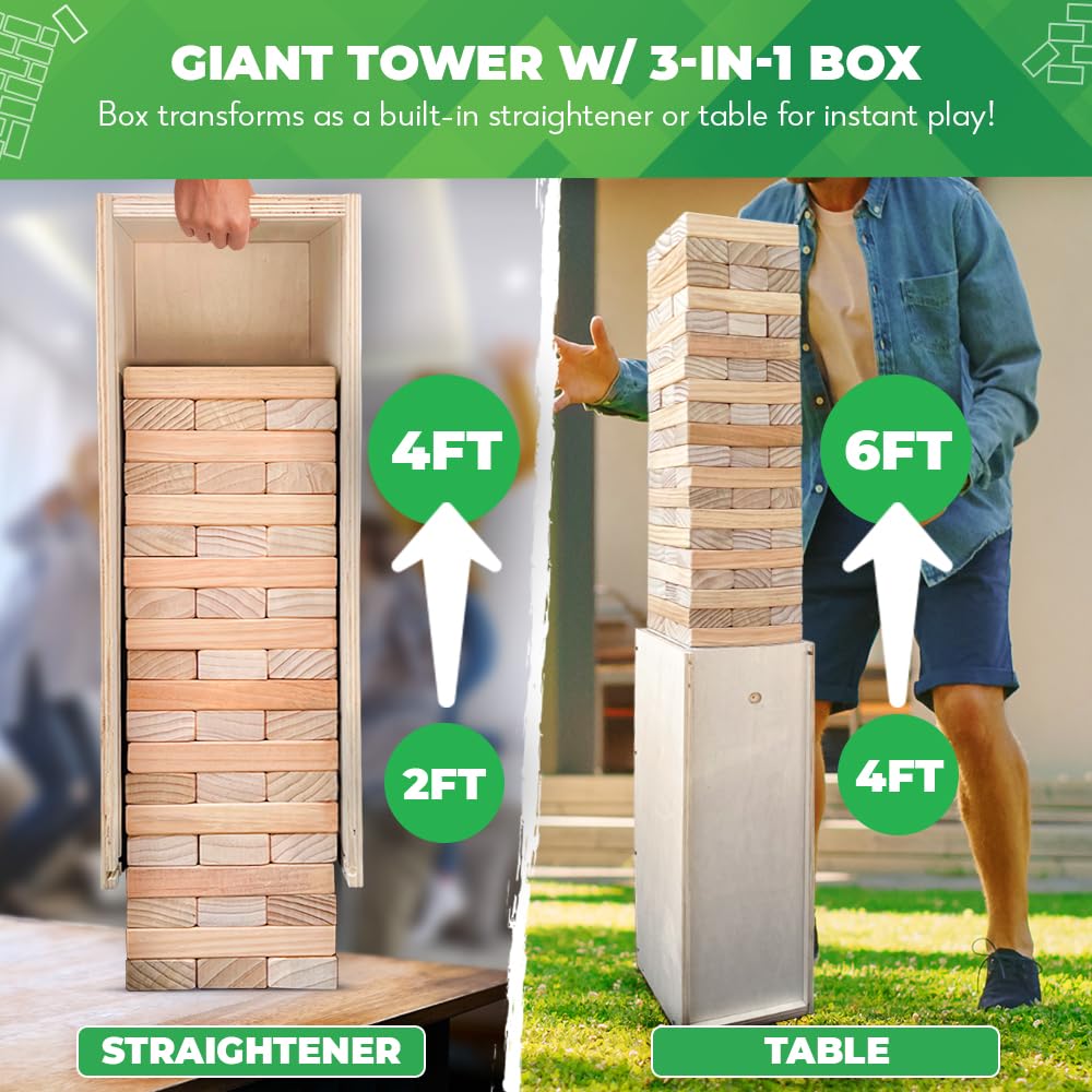 SWOOC Games Giant Tower Game with 3-in-1 Box Straightener, Table & Storage | Quick Setup 2–4ft to 6ft+ Outdoor