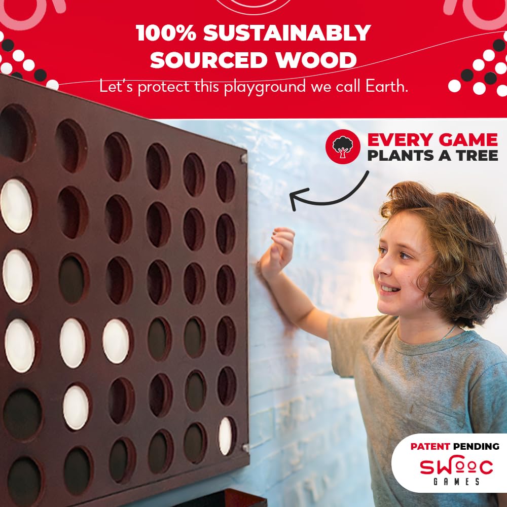 SWOOC Games Wall Mounted Giant 4 in a Row – 60% Quieter, Jumbo Size, Sustainable NZ Poplar