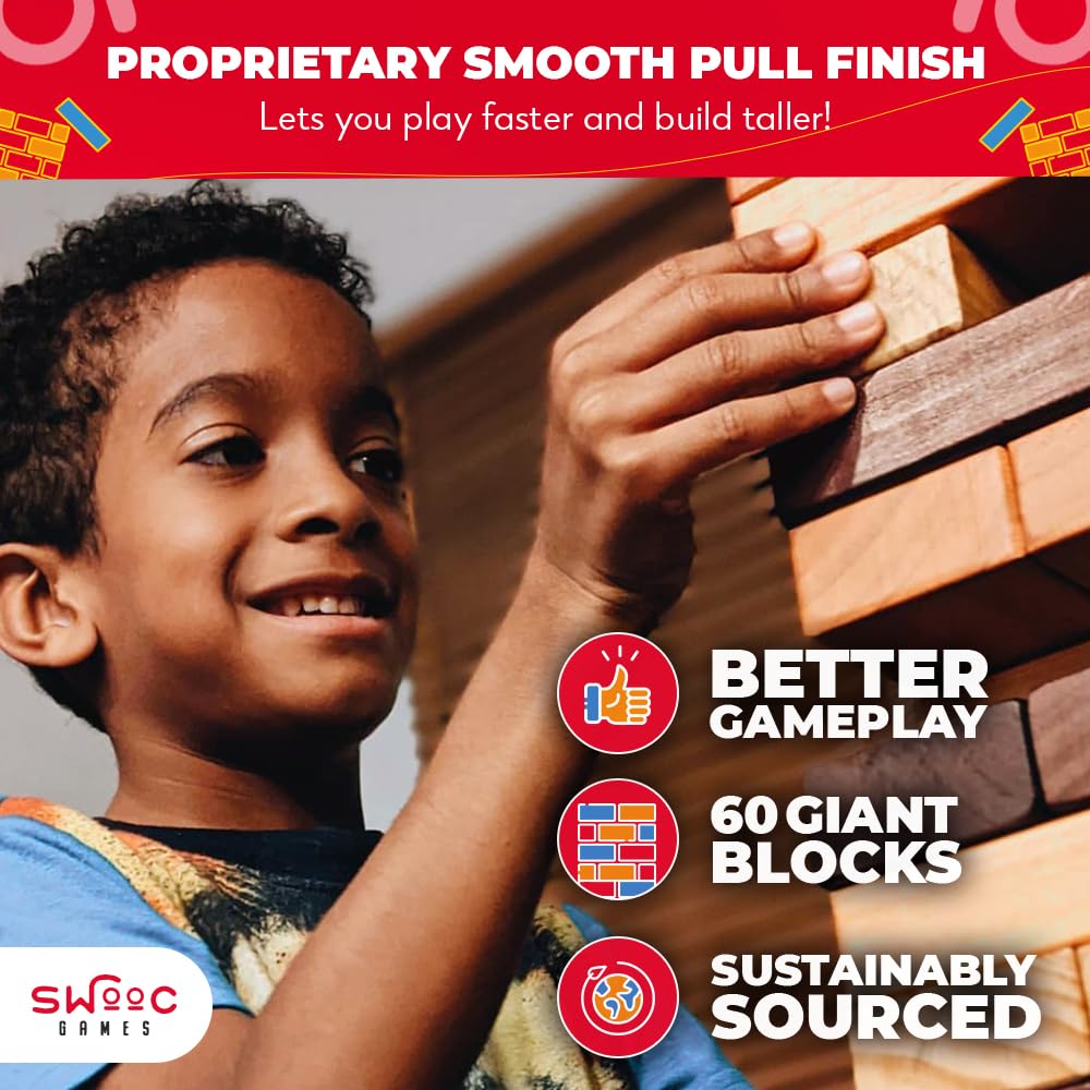 SWOOC Giant Tower Game — Weather-Resistant Reclaimed Wood, 60 Blocks + Storage Crate