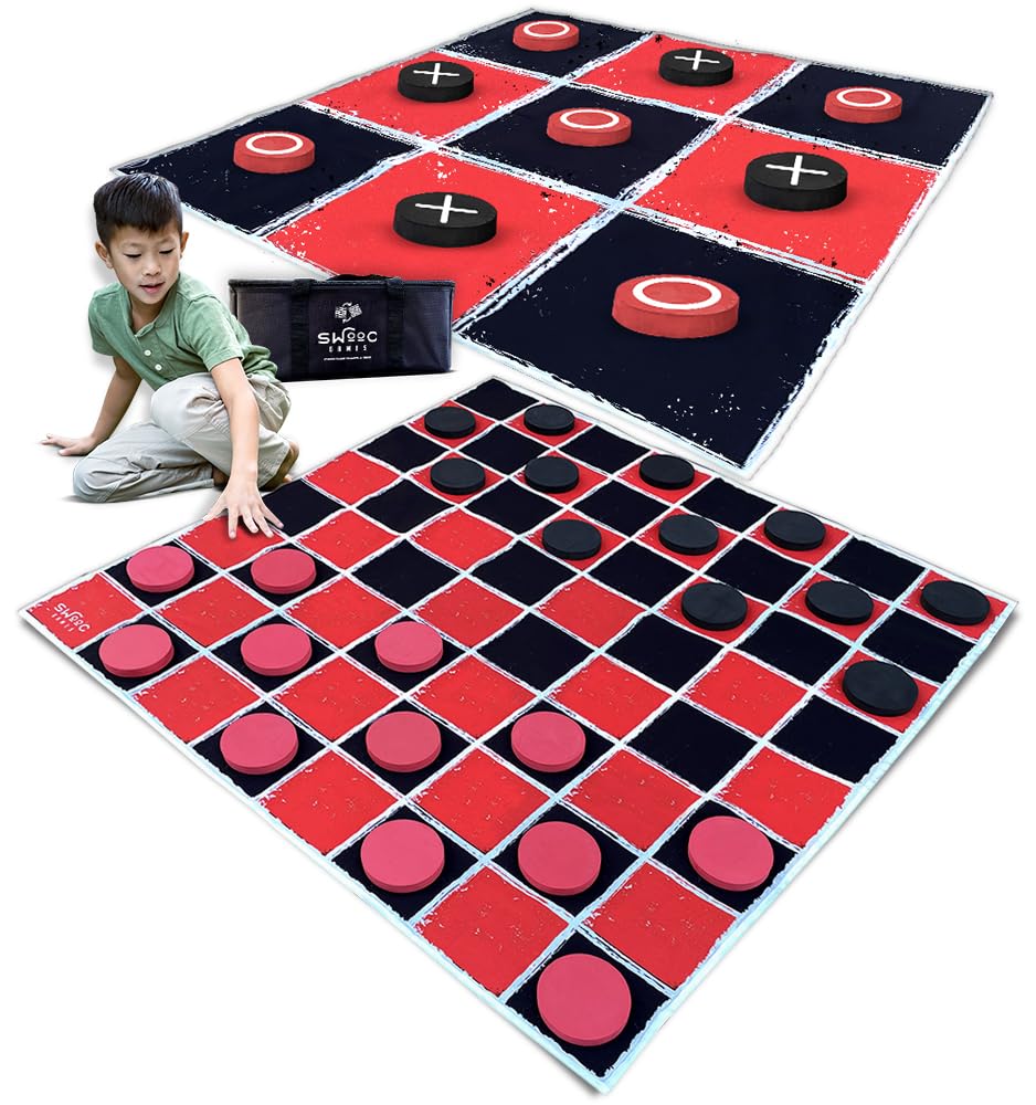 Swooc Games® 2-in-1 Giant Checkers & Tic Tac Toe Mat – 4x4 ft, Machine-Washable Canvas