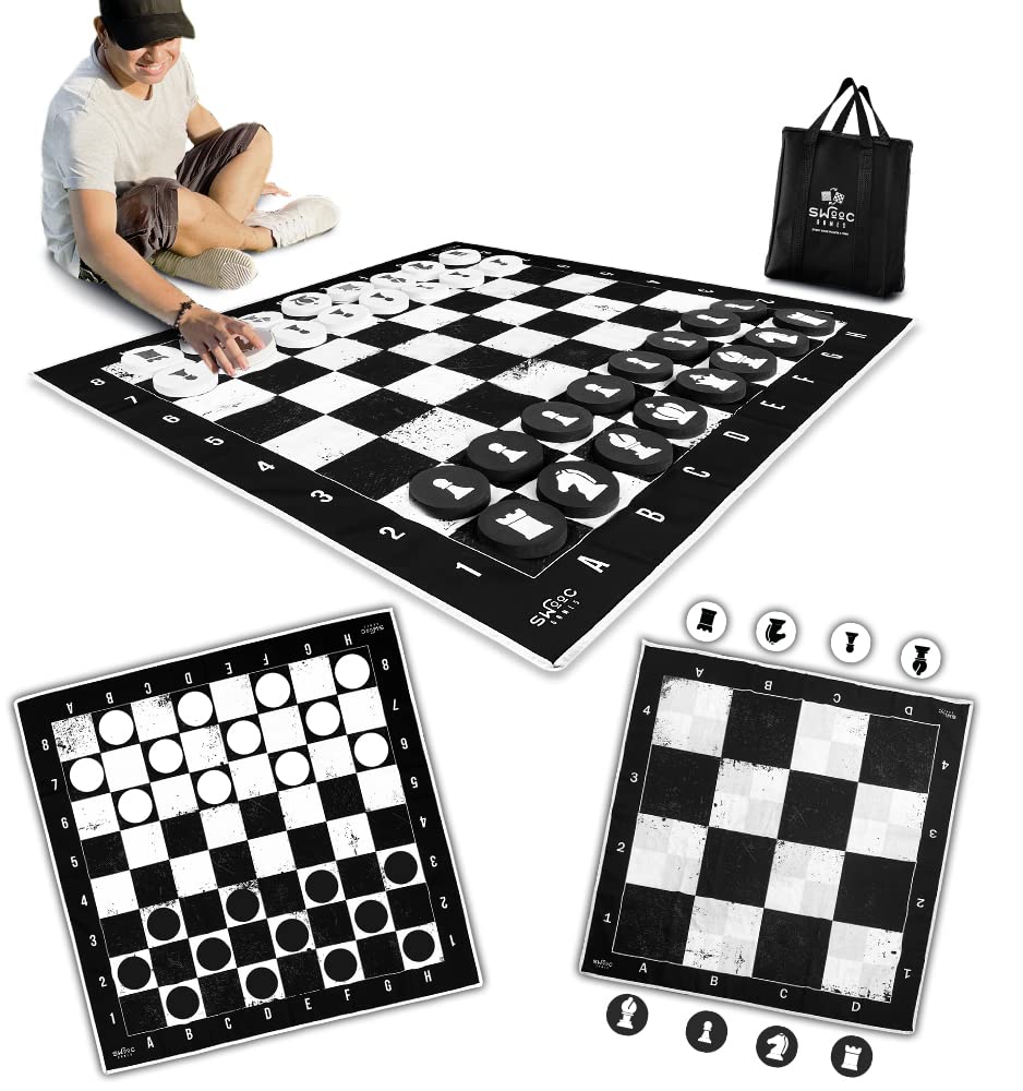 SWOOC Games: 3-in-1 Giant Chess, Checkers & Chess Tac Toe on 4x4 ft Mat – Machine-Washable Canvas & 5-Inch Foam Discs