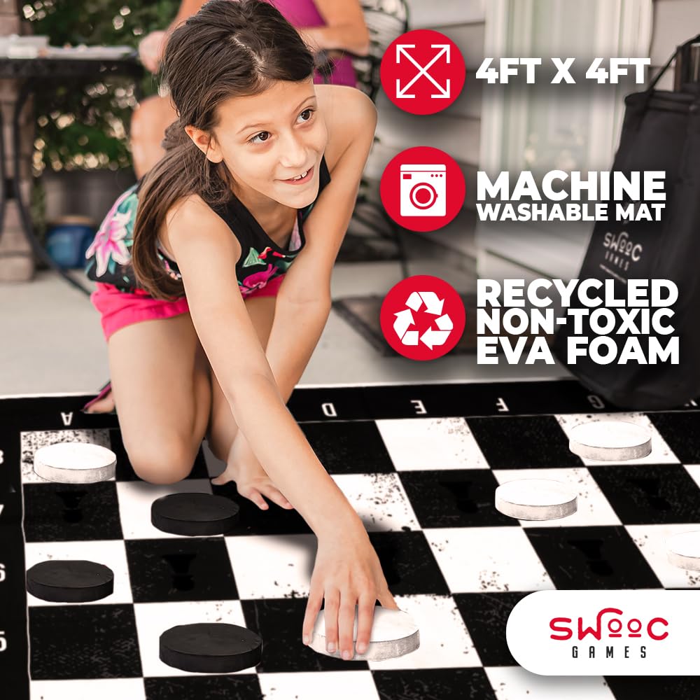 SWOOC Games: 3-in-1 Giant Chess, Checkers & Chess Tac Toe on 4x4 ft Mat – Machine-Washable Canvas & 5-Inch Foam Discs