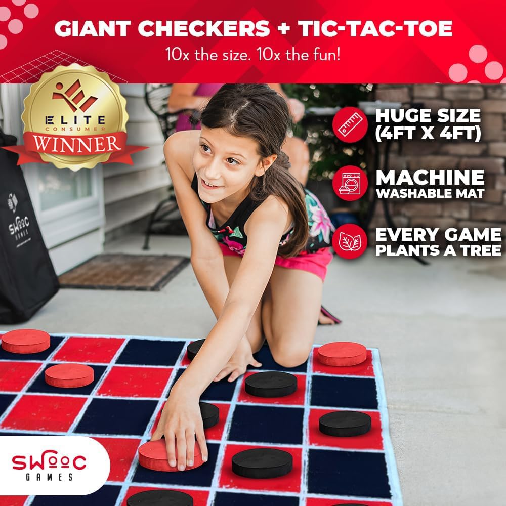 Swooc Games® 2-in-1 Giant Checkers & Tic Tac Toe Mat – 4x4 ft, Machine-Washable Canvas