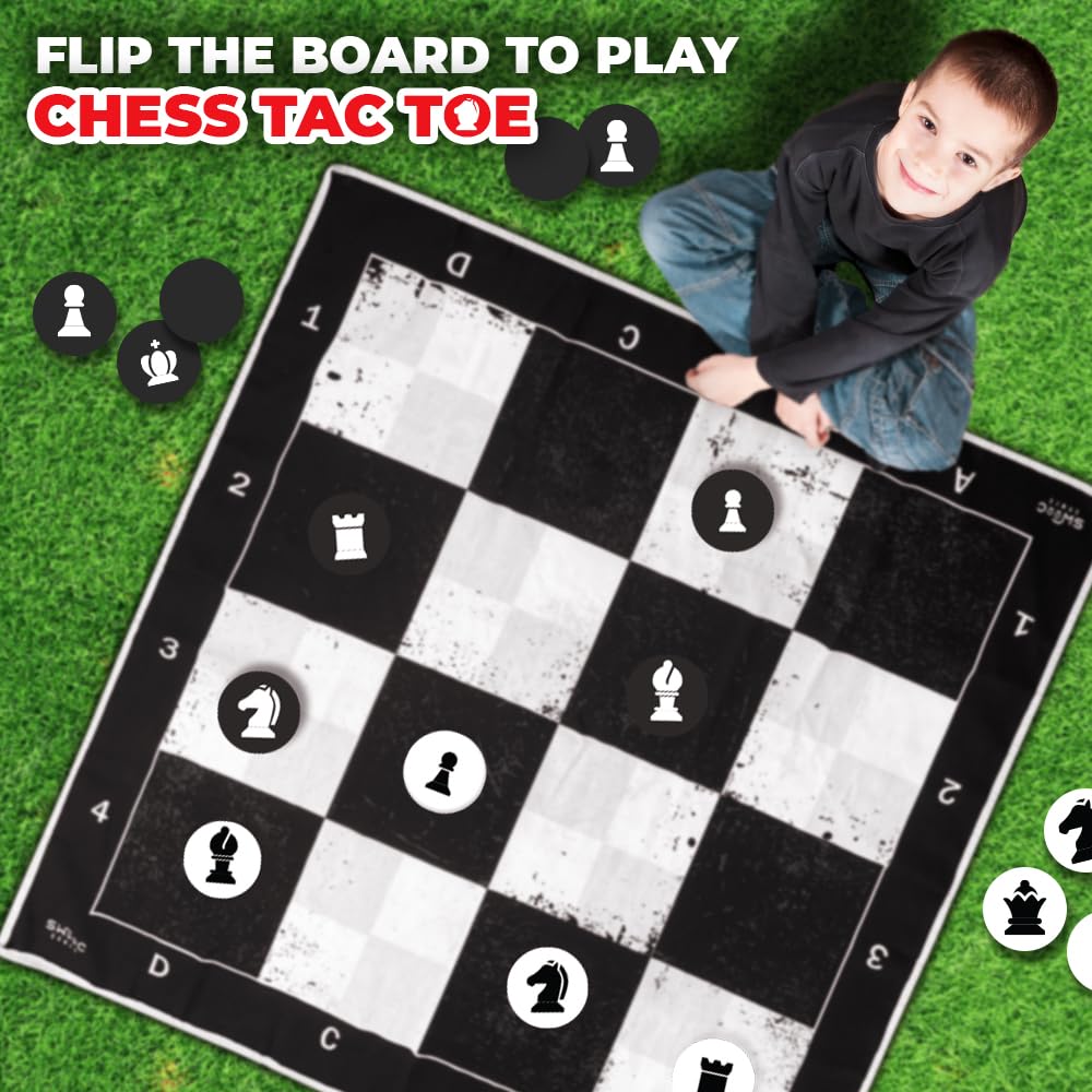 SWOOC Games: 3-in-1 Giant Chess, Checkers & Chess Tac Toe on 4x4 ft Mat – Machine-Washable Canvas & 5-Inch Foam Discs