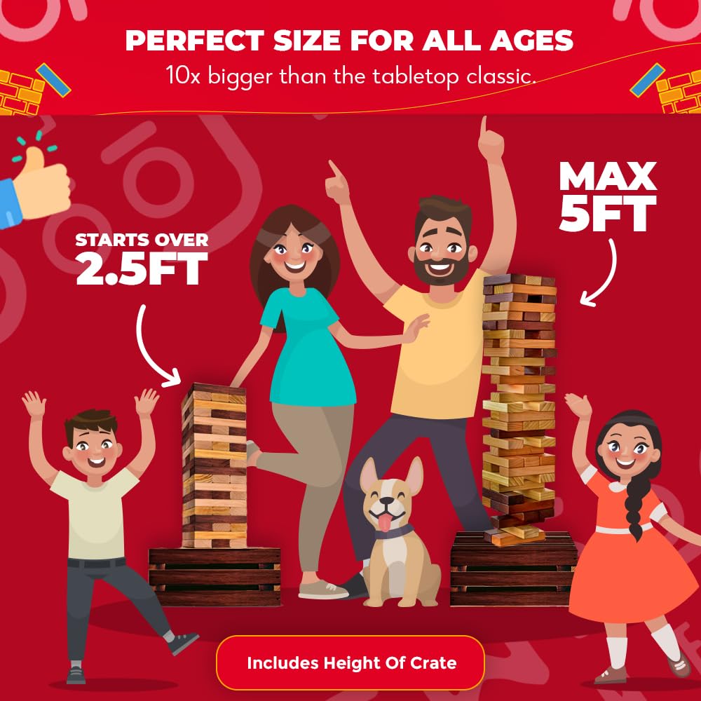 SWOOC Giant Tower Game — Weather-Resistant Reclaimed Wood, 60 Blocks + Storage Crate