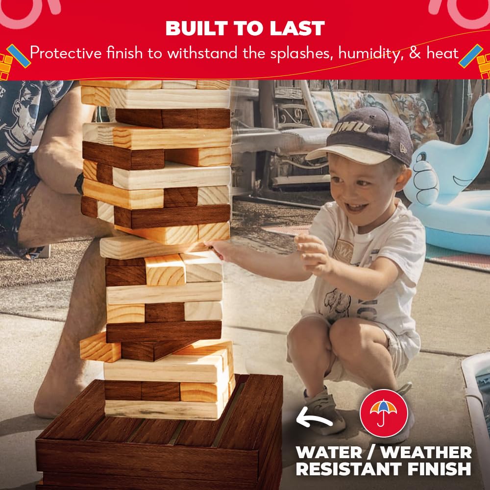 SWOOC Giant Tower Game — Weather-Resistant Reclaimed Wood, 60 Blocks + Storage Crate