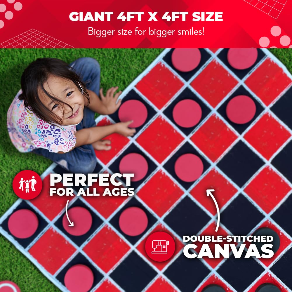 Swooc Games® 2-in-1 Giant Checkers & Tic Tac Toe Mat – 4x4 ft, Machine-Washable Canvas