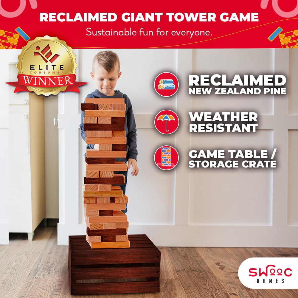 SWOOC Giant Tower Game — Weather-Resistant Reclaimed Wood, 60 Blocks + Storage Crate