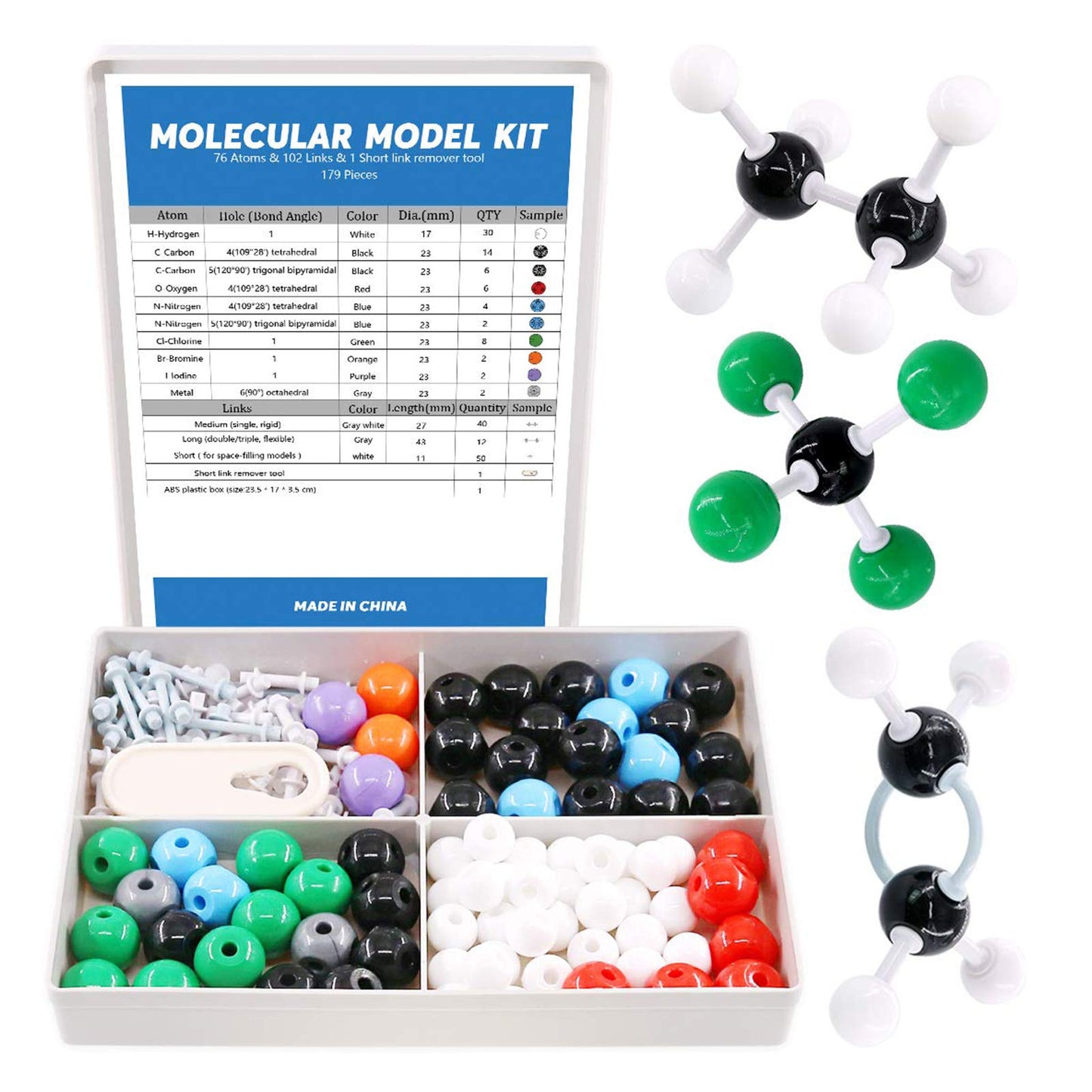 Swpeet 179-Piece Organic Chemistry Molecular Model Kit – 76 Atoms, 102 Links, Link Remover Tool