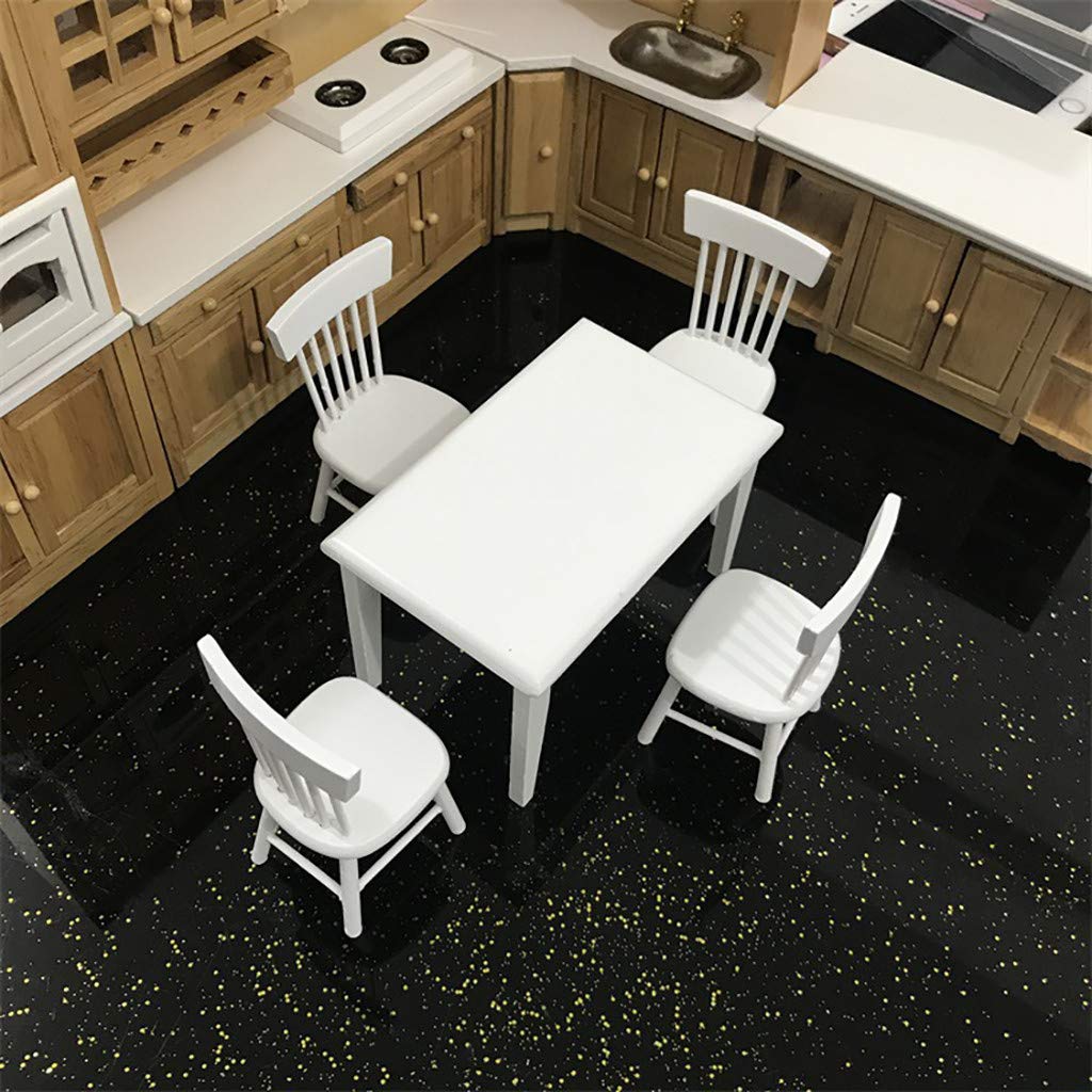 SXFSE 1:12 Dollhouse Dining Table & Chair Set — Wooden White Miniature Furniture