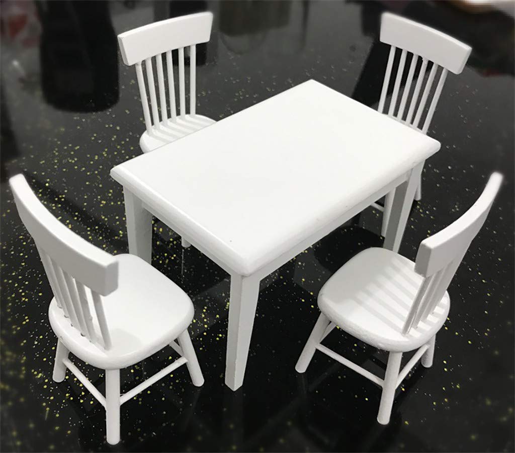 SXFSE 1:12 Dollhouse Dining Table & Chair Set — Wooden White Miniature Furniture