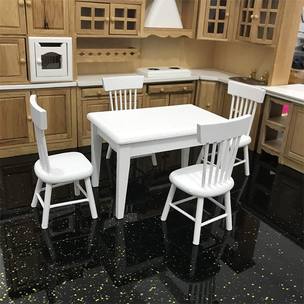 SXFSE 1:12 Dollhouse Dining Table & Chair Set — Wooden White Miniature Furniture