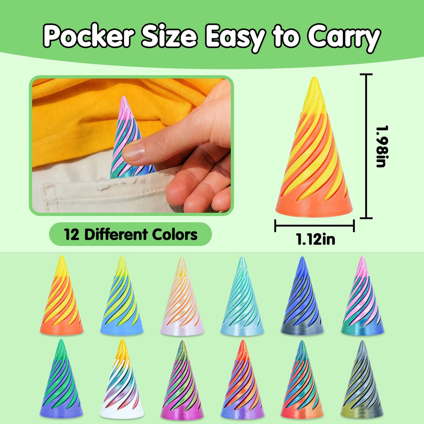 Sybedu 12Pcs Mini Spiral Cone Pyramid Fidget Toy – 3D Printed Vortex Illusion & Desk Deco