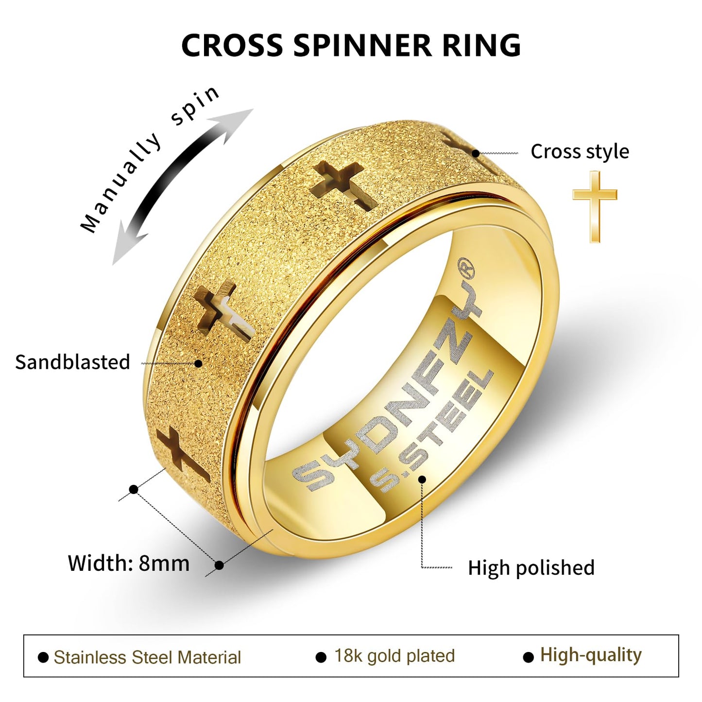 SYDNFZY Anxiety Spinner Ring for Men - 8mm Stainless Steel Fidget Ring, Cross Spinner for Stress Relief
