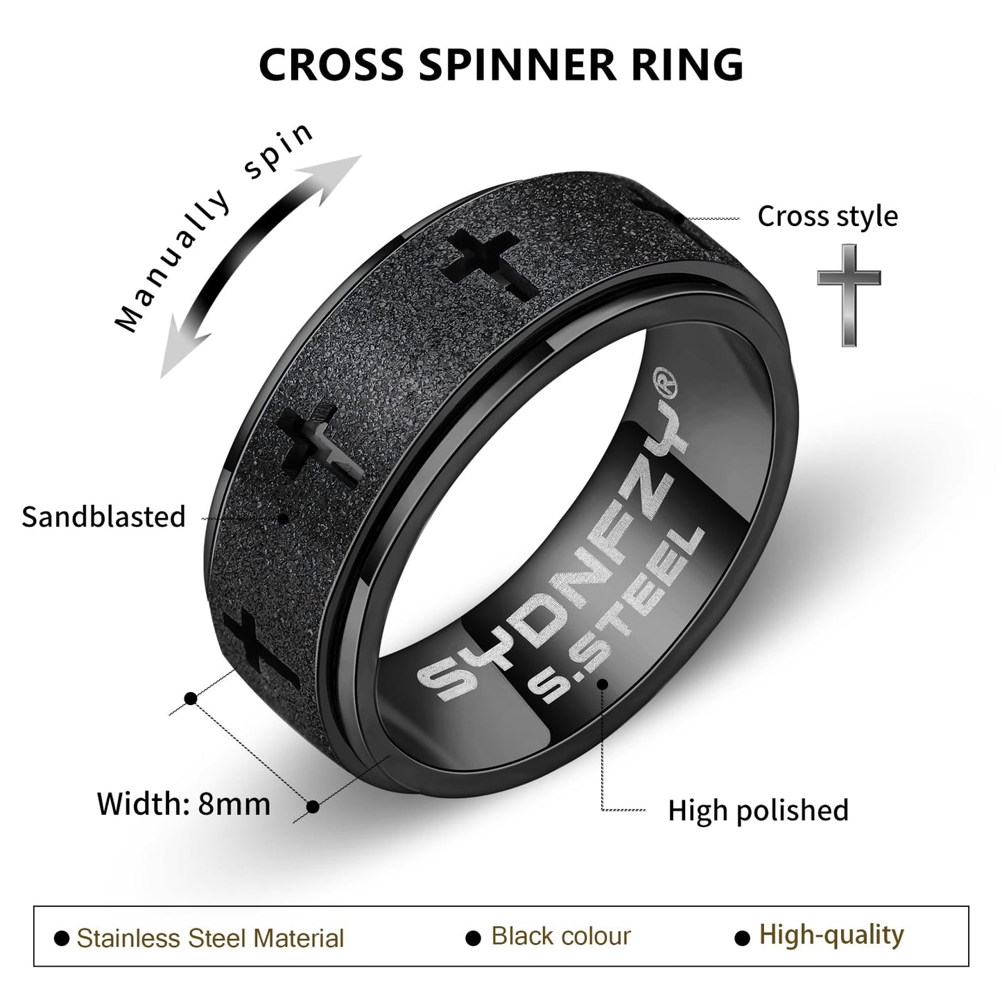 SYDNFZY Anxiety Spinner Ring for Men - 8mm Black Stainless Steel Fidget Ring